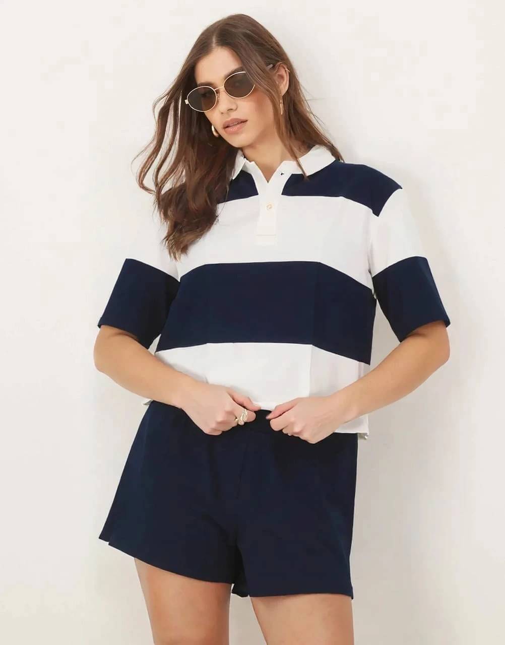 eddicted Women Cotton Blend Striped Oversized Fit Polo Collar T-Shirt ( Navy Blue ) eddicted Women Cotton Blend Striped Oversized Fit Polo Collar T-Shirt ( Navy Blue )