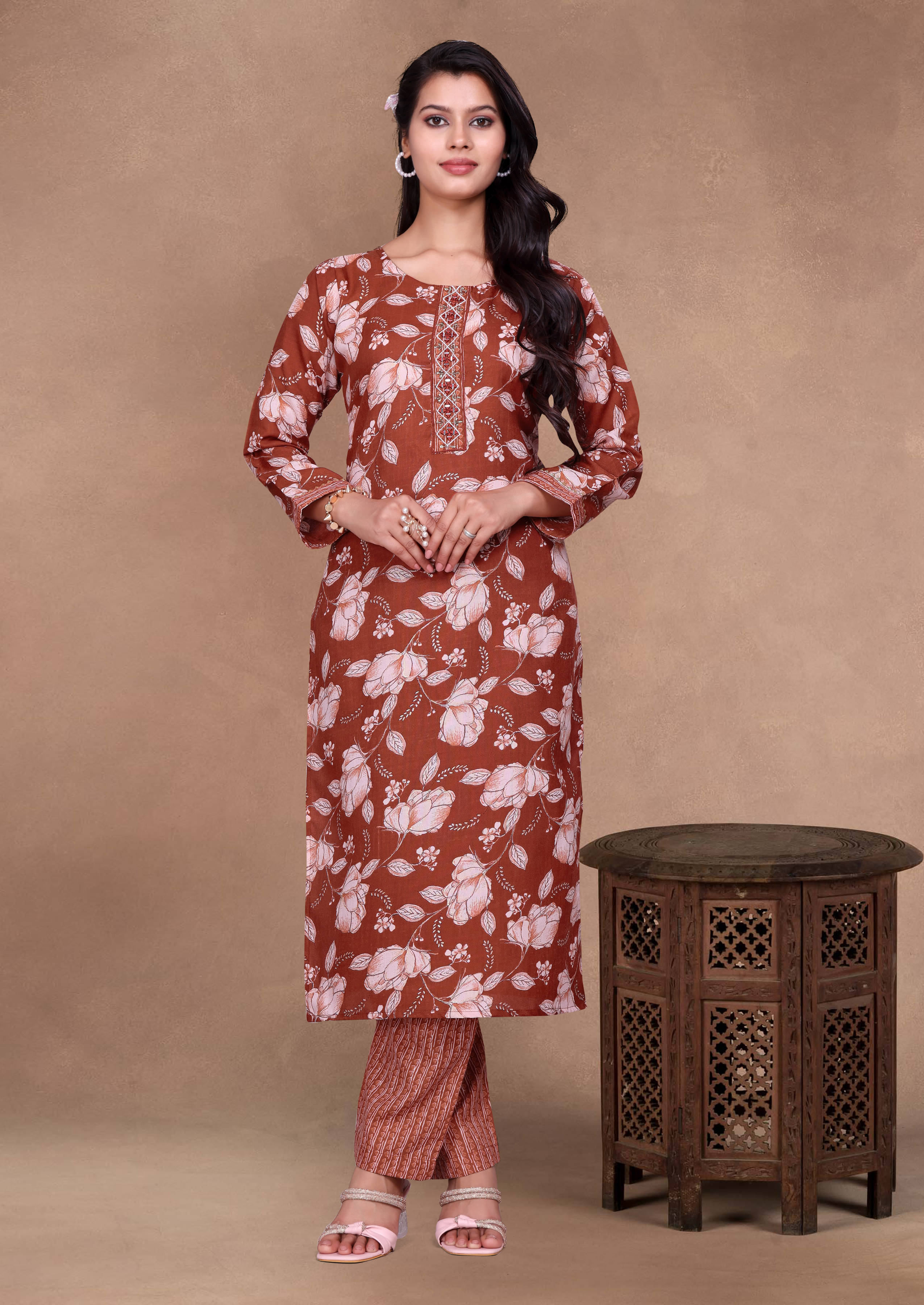 BRANDCLICK Women Cotton Embroidered Straight Kurti With Pants ( Multicoloured ) BRANDCLICK Women Cotton Embroidered Straight Kurti With Pants ( Multicoloured )