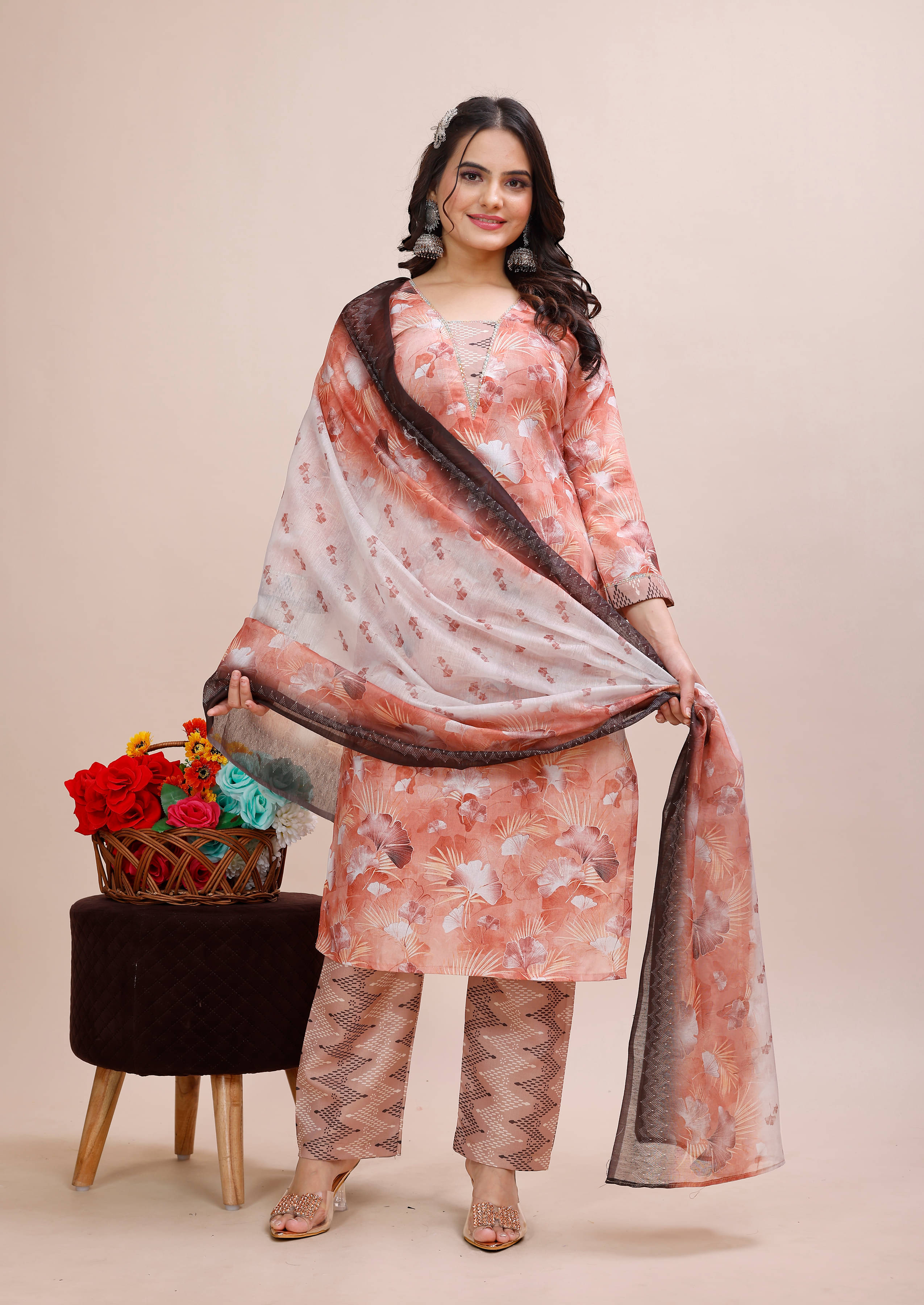     			BRANDCLICK Women Cotton Printed Straight Kurti With Pants ( Beige )