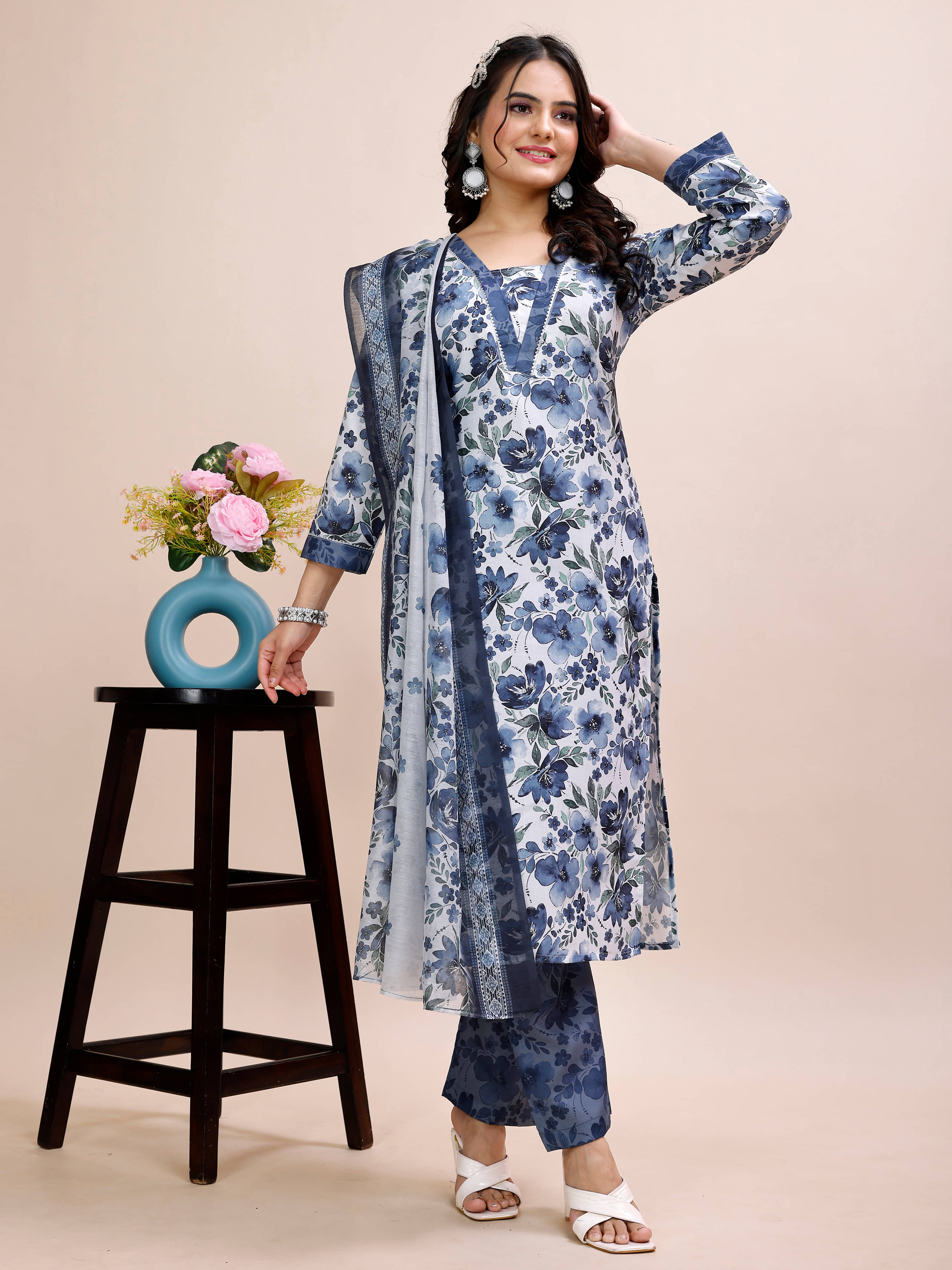 BRANDCLICK Women Cotton Printed Straight Kurti With Pants ( Blue ) BRANDCLICK Women Cotton Printed Straight Kurti With Pants ( Blue )