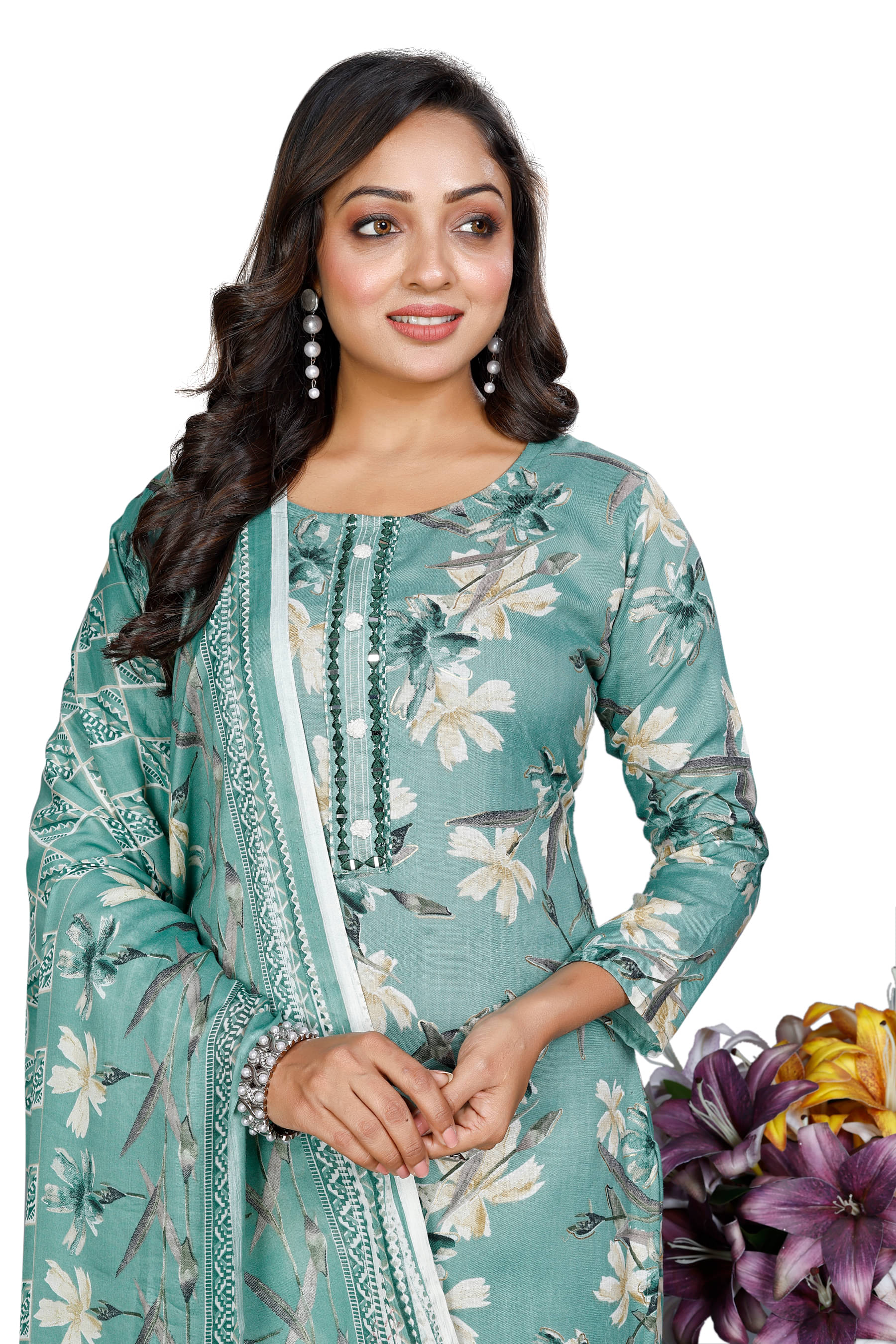     			BRANDCLICK Women Cotton Silk Printed Straight Kurti With Pants ( Teal )
