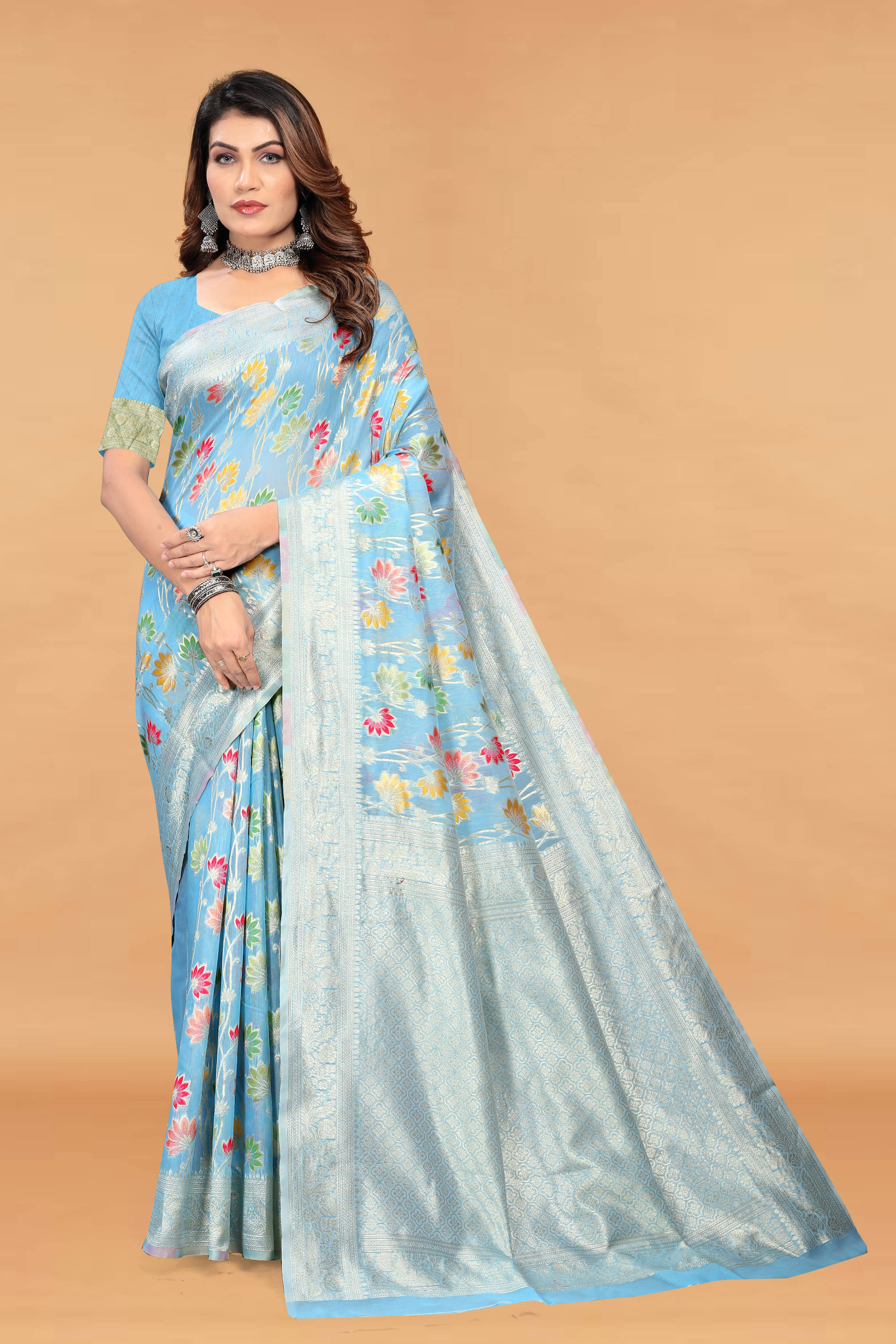     			Bansari Textile Cotton Woven Regular Saree With Unstitched Blouse Piece ( Light Blue )
