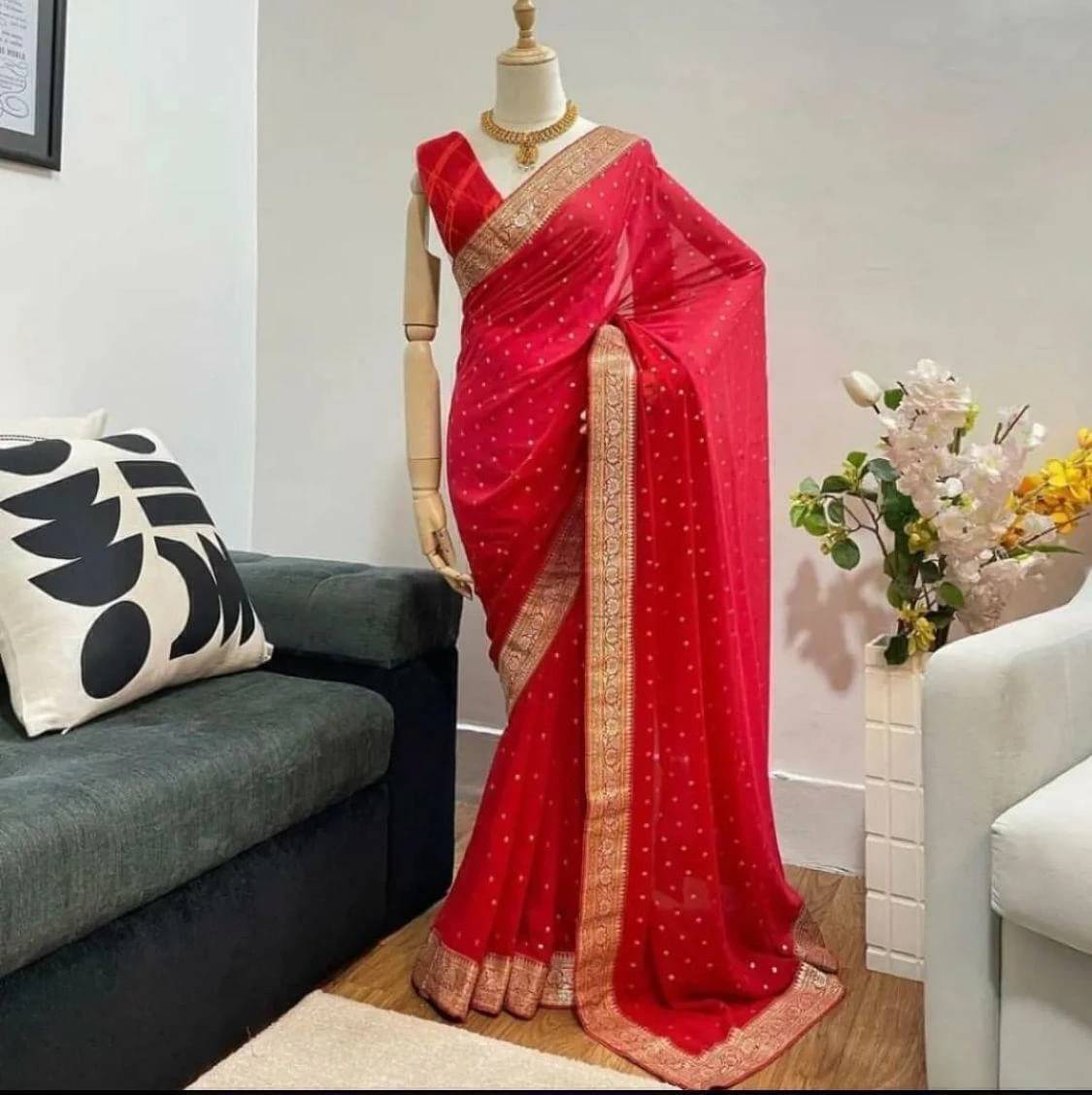 Bansari Textile Georgette Printed Regular Saree With Unstitched Blouse Piece ( Red ) Bansari Textile Georgette Printed Regular Saree With Unstitched Blouse Piece ( Red )