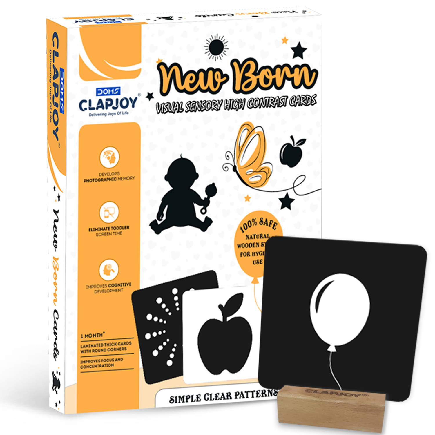     			Clapjoy High Contrast Black & White Flash Cards for Newborns & Infants (0–12 Months) | 40 Images, 20 Cards, 2 Stands | Visual Stimulation & Sensory Development | Tummy Time, Anti-Glare, Montessori Toy
