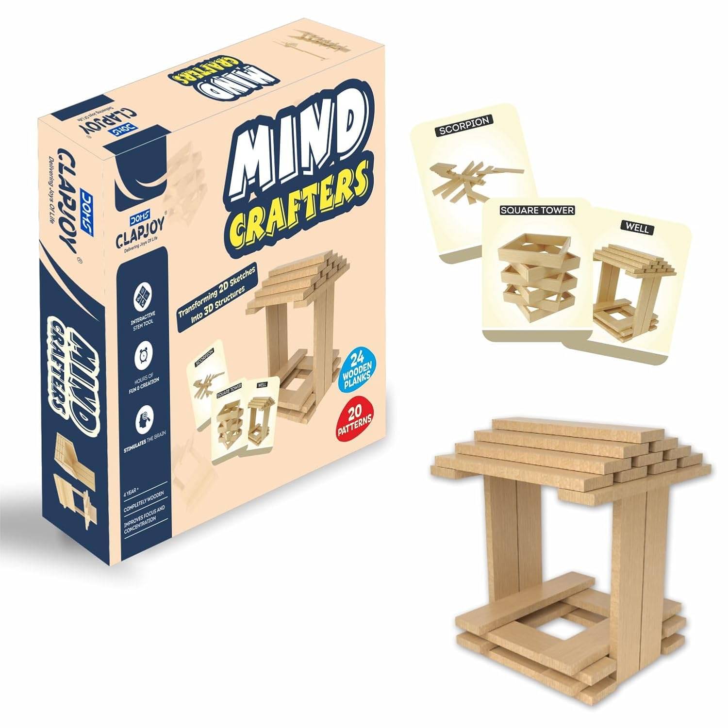     			Clapjoy Mind Crafters Wooden Building Planks - Transform 2D Sketches into 3D Structures - 24 Wooden Planks with 20 Unique Design Patterns
