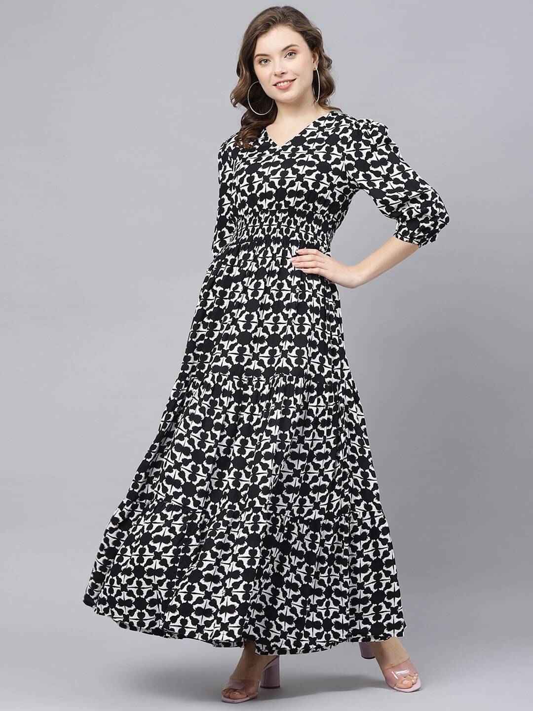     			Femvy Women Crepe Printed Fit & Flare Dress ( Black )