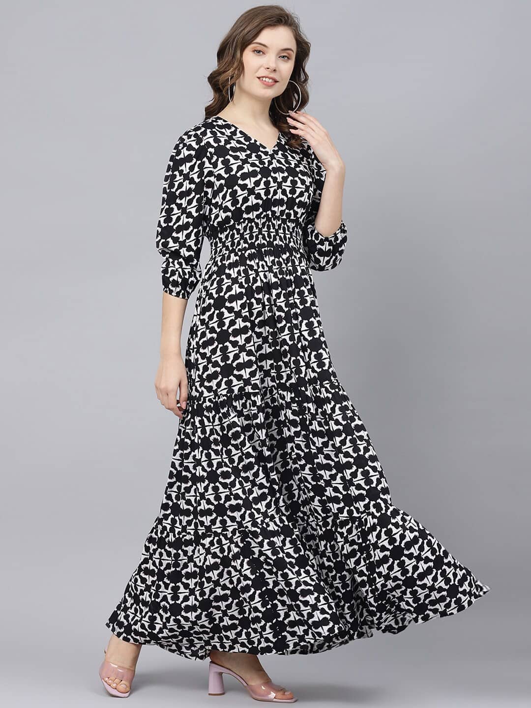 Femvy Women Crepe Printed Fit & Flare Dress ( Black )