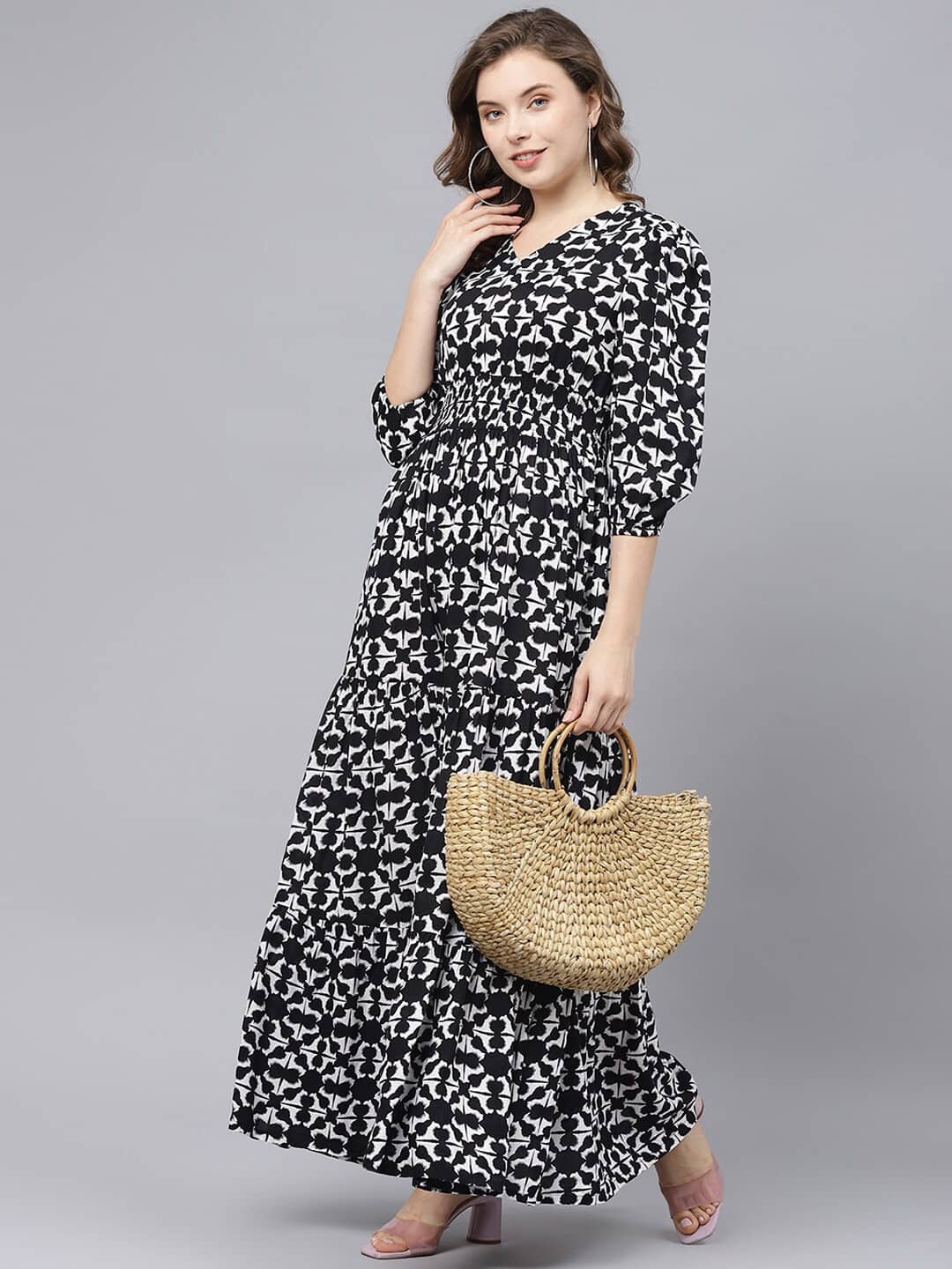 Femvy Women Crepe Printed Fit & Flare Dress ( Black )