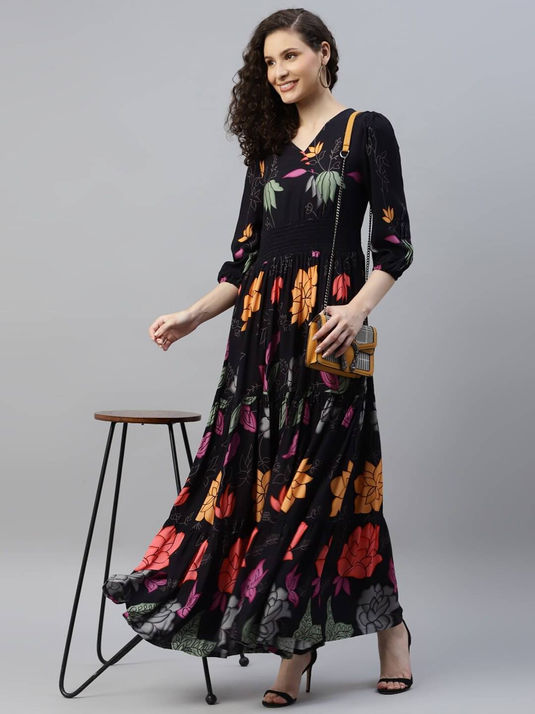     			Femvy Women Crepe Printed Fit & Flare Dress ( Black )