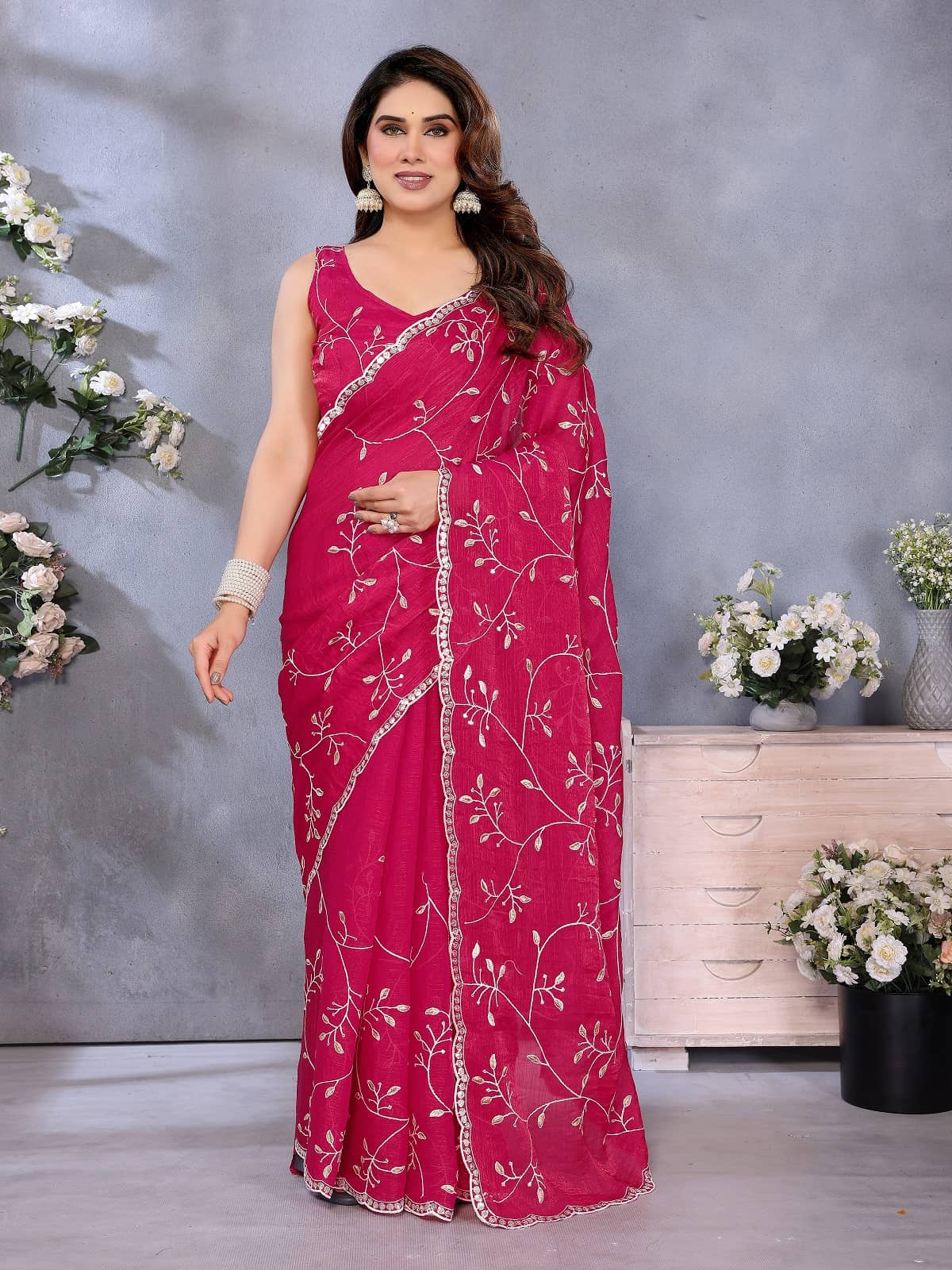 Gazal Fashions Jimmy Choo Embroidered Regular Saree With Unstitched Blouse Piece ( Pink ) - Sarees | Buy online on ZillyBuy
