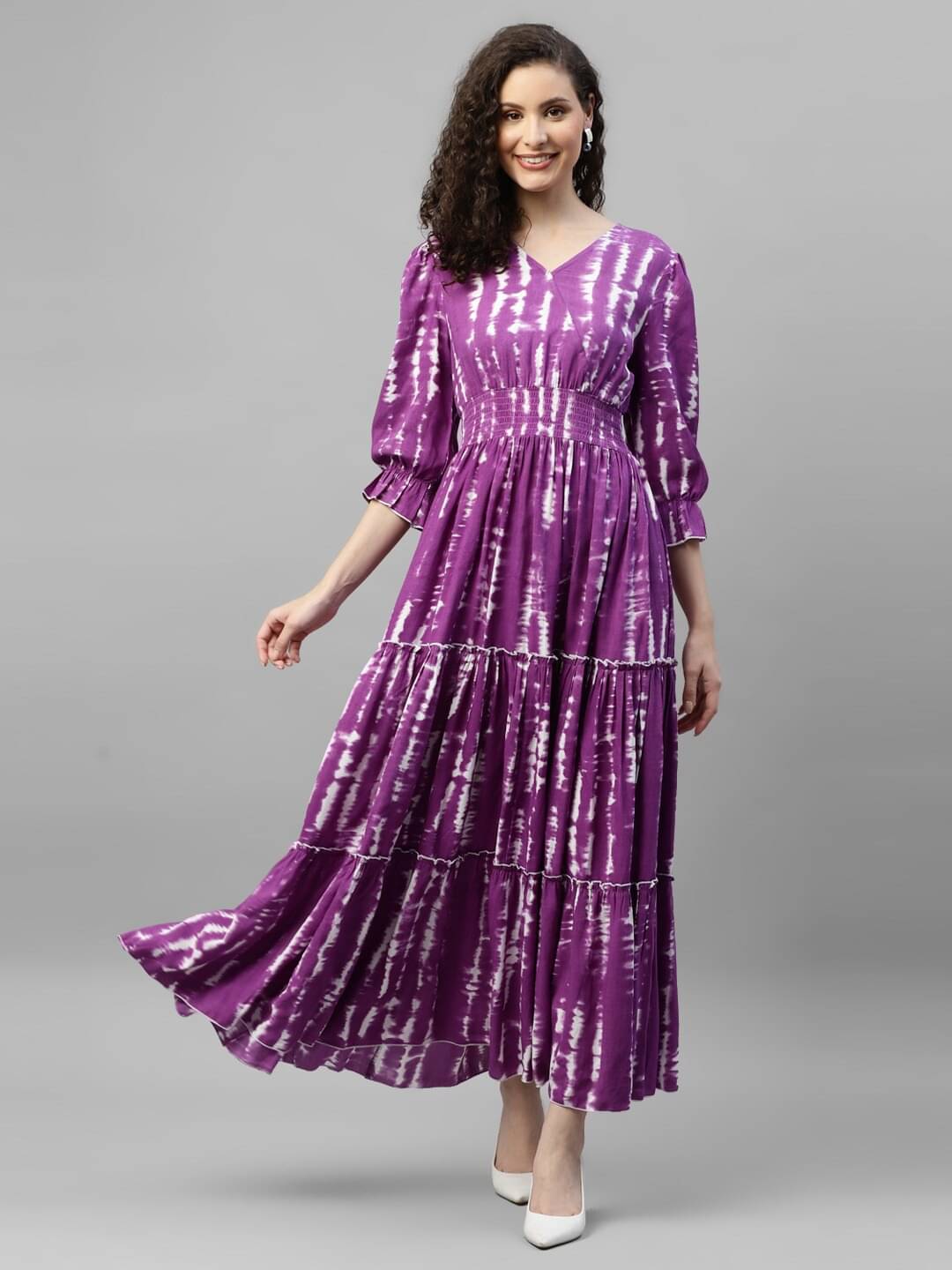     			Raiyani enterprise Women Crepe Printed Fit & Flare Dress ( Purple )