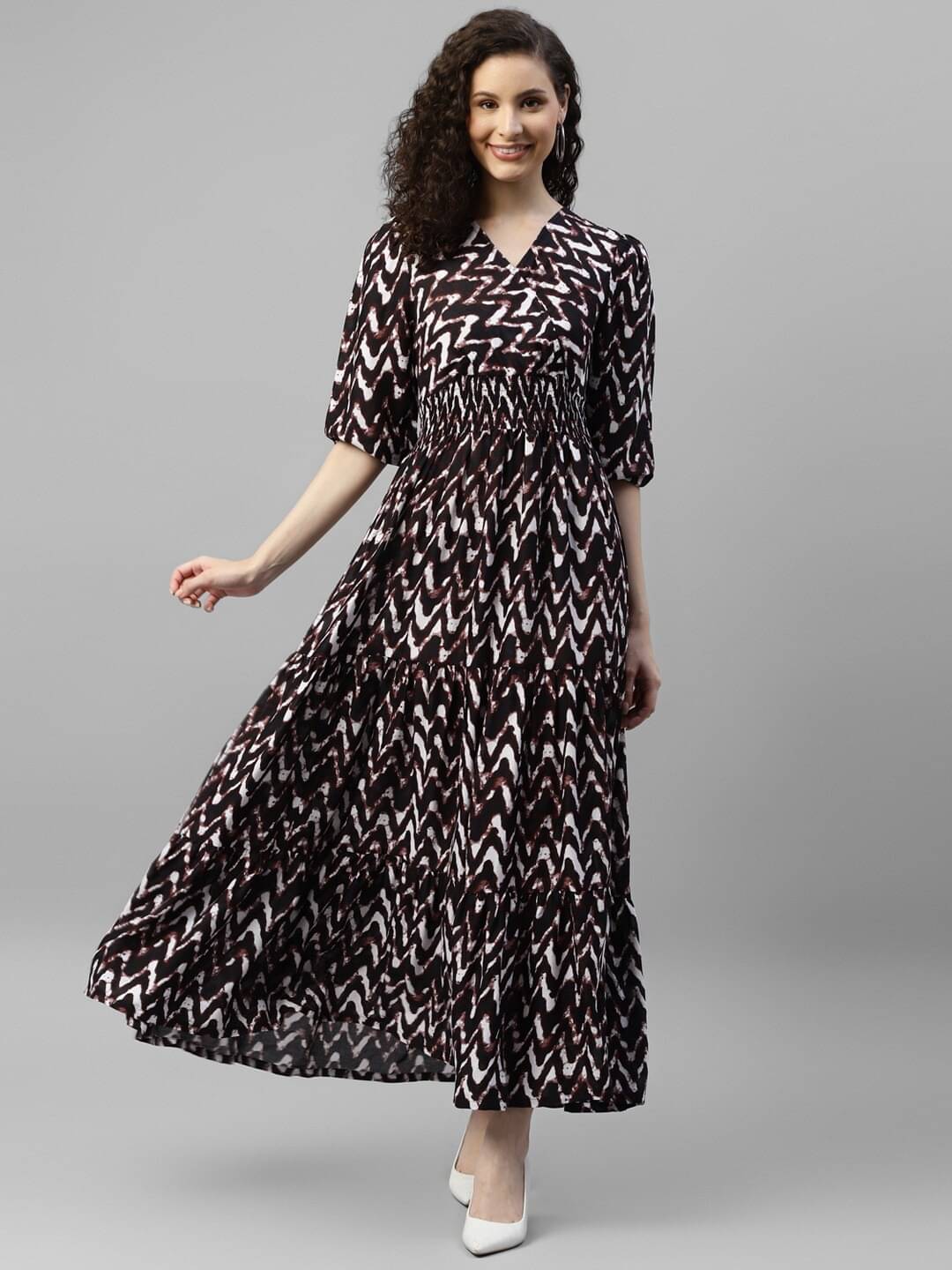     			Raiyani enterprise Women Crepe Printed Fit & Flare Dress ( Brown )