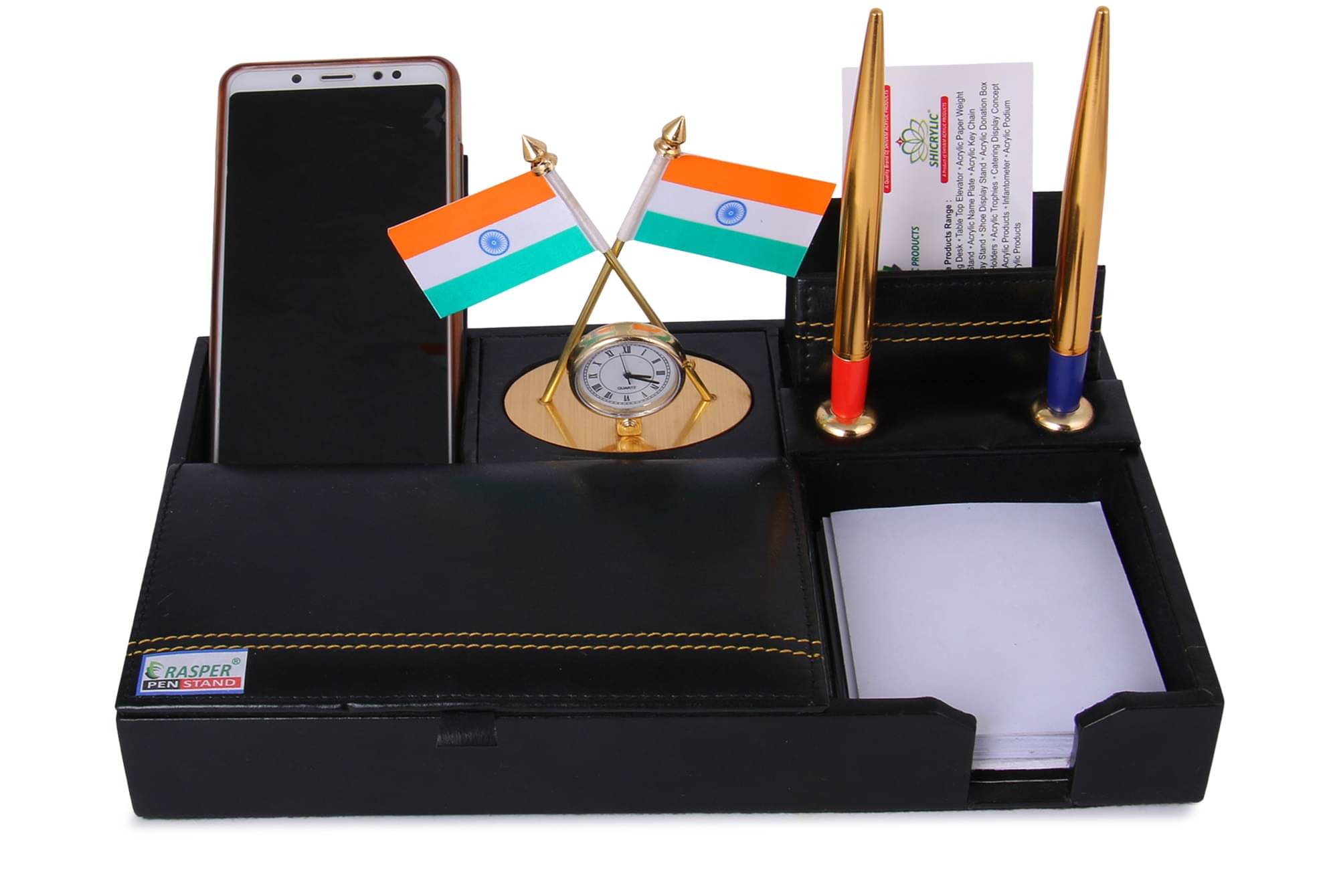     			Rasper Black Genuine Leather Multipurpose Desk Organizer Stylish Pen Stand with Mobile Holder National Flag Watch Memo Pad Accessories Holder Desk Stationery Organizer Table Top (11.5x6.5 Inches)