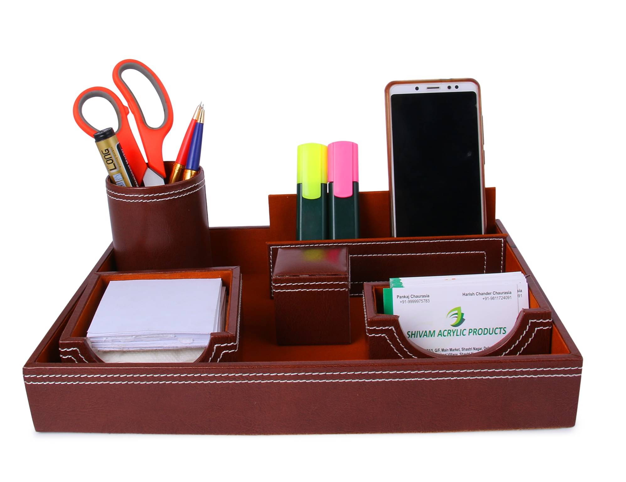     			Rasper Genuine Leather Multipurpose Desk Organizer 6-in-1 Desktop Pen Stand Set With Business Card Mobile Holder & Remote Stand for Office Desk Table Storage Organizer Box 12.75x9 Inches (Tan)