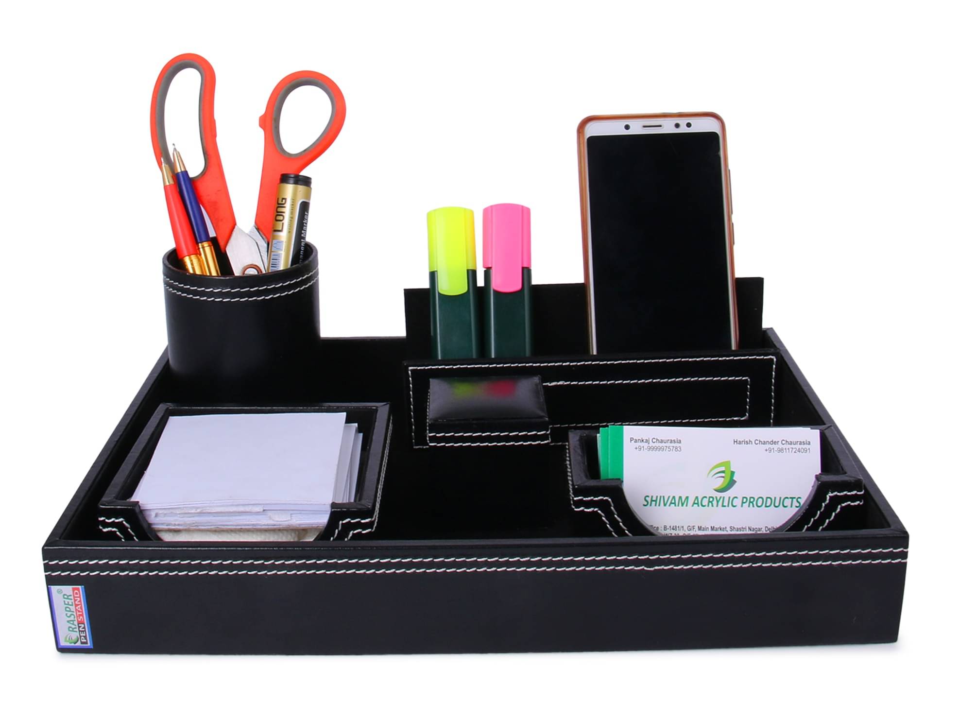     			Rasper Genuine Leather Multipurpose Desk Organizer 6-in-1 Desktop Pen Stand Set With Business Card Mobile Holder & Remote Stand for Office Desk Table Storage Organizer Box 12.75x9 Inches (Black)