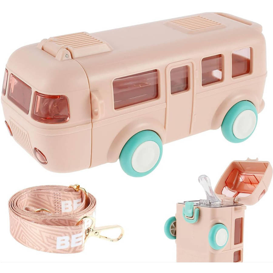 SCODELLA Bus Shape Water Bottle for Kids Detachable Straw with Shoulder Strap Leak-Proof Cartoon Water Bottle with Wheels (PINK) SCODELLA Bus Shape Water Bottle for Kids Detachable Straw with Shoulder Strap Leak-Proof Cartoon Water Bottle with Wheels (PINK)