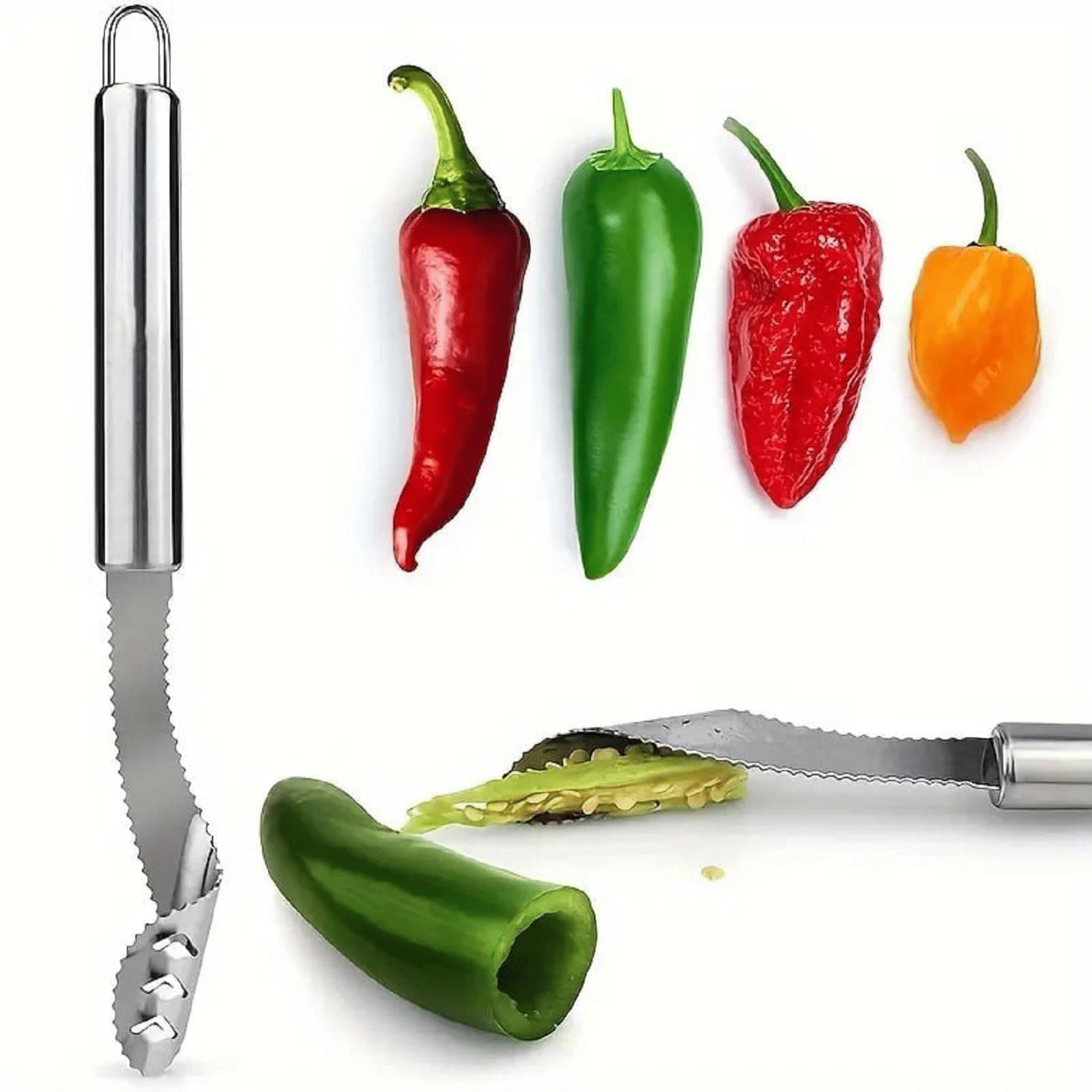 Steel Chili & Pepper Corer Serrated Seed & Core Remover Multi-Functional Kitchen Gadget for Vegetables & Fruits Durable & Easy to Clean (Pack of 1)     			Steel Chili & Pepper Corer Serrated Seed & Core Remover Multi-Functional Kitchen Gadget for Vegetables & Fruits Durable & Easy to Clean (Pack of 1)