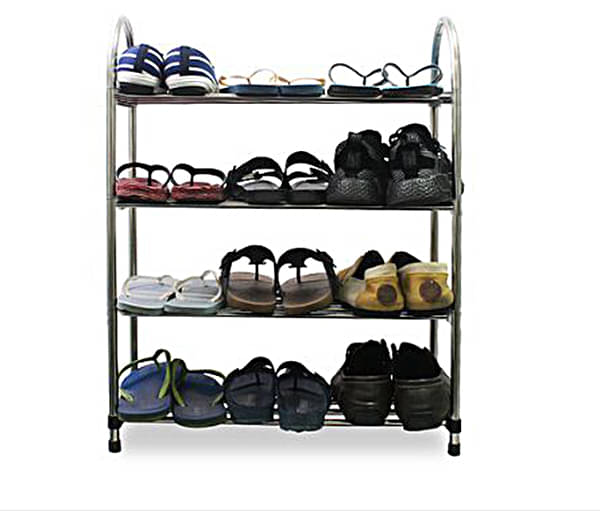     			Steel Portable & Folding Shoe Rack - Silver | 4 Metal Layer Book Cloth Shelf Storage Organizer | Multipurpose Shoes Stand Rack | Durable & Sturdy Construction