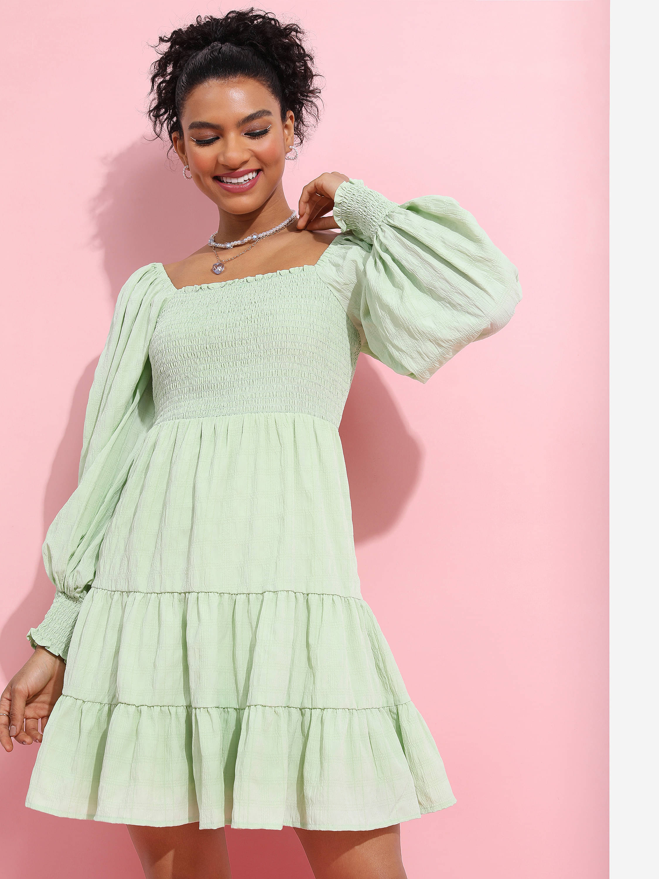 Tokyo Talkies Women Polyester Blend Solid Fit & Flare Dress ( Green )     			Tokyo Talkies Women Polyester Blend Solid Fit & Flare Dress ( Green )