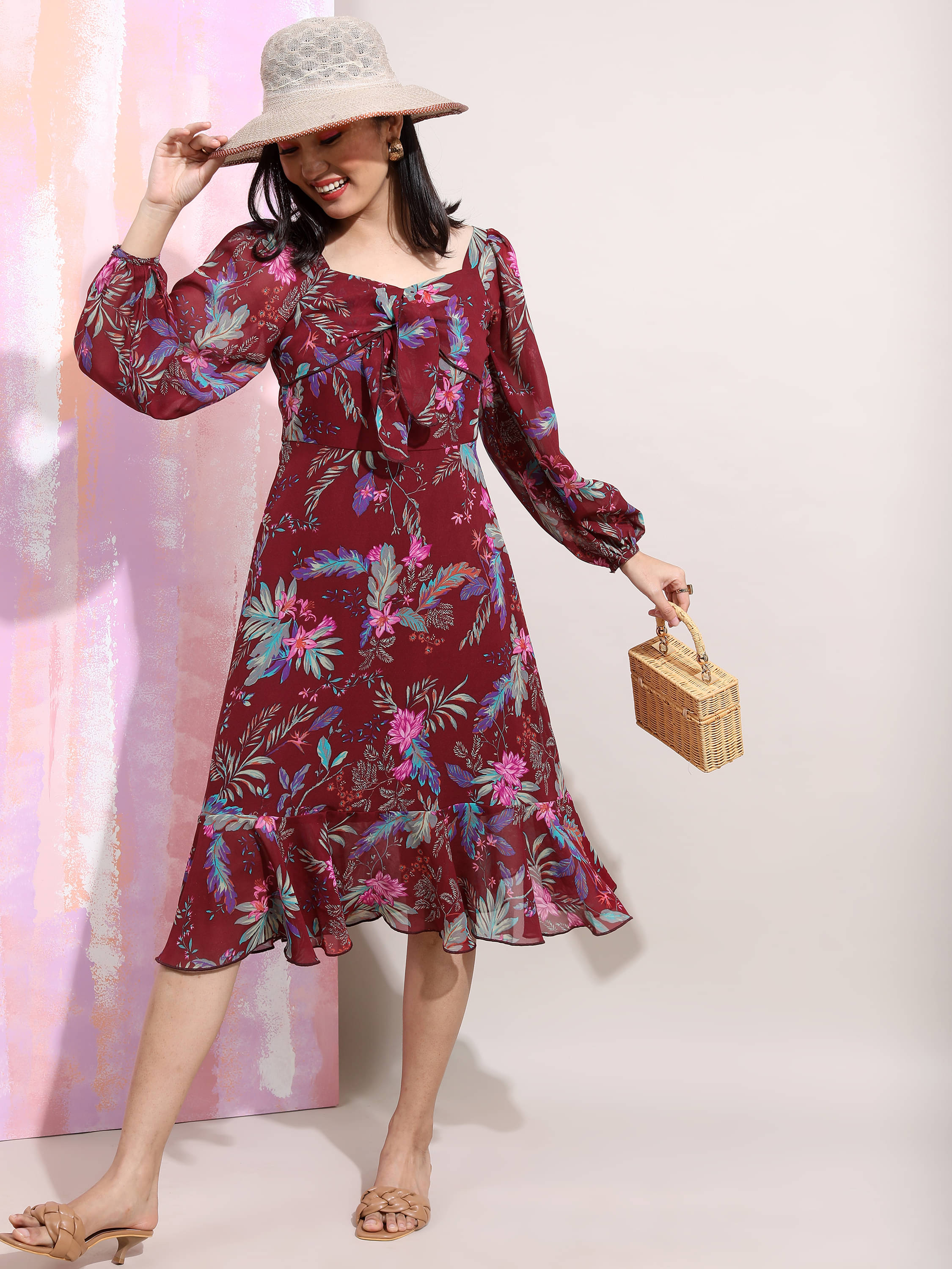     			Tokyo Talkies Women Polyester Blend Printed A-line Dress ( Wine )