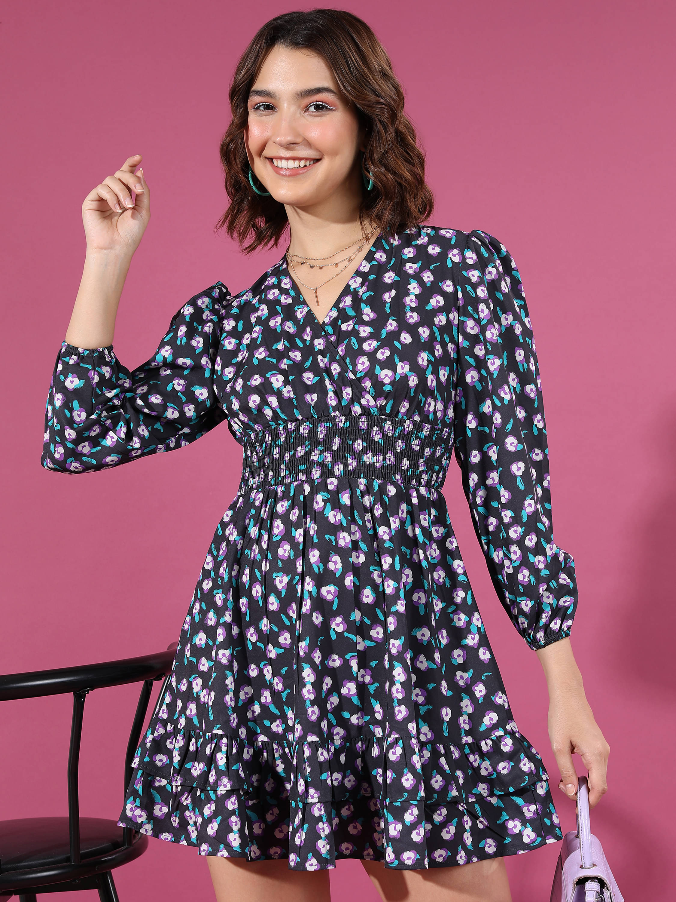     			Tokyo Talkies Women Polyester Printed Wrap Dress ( Black )