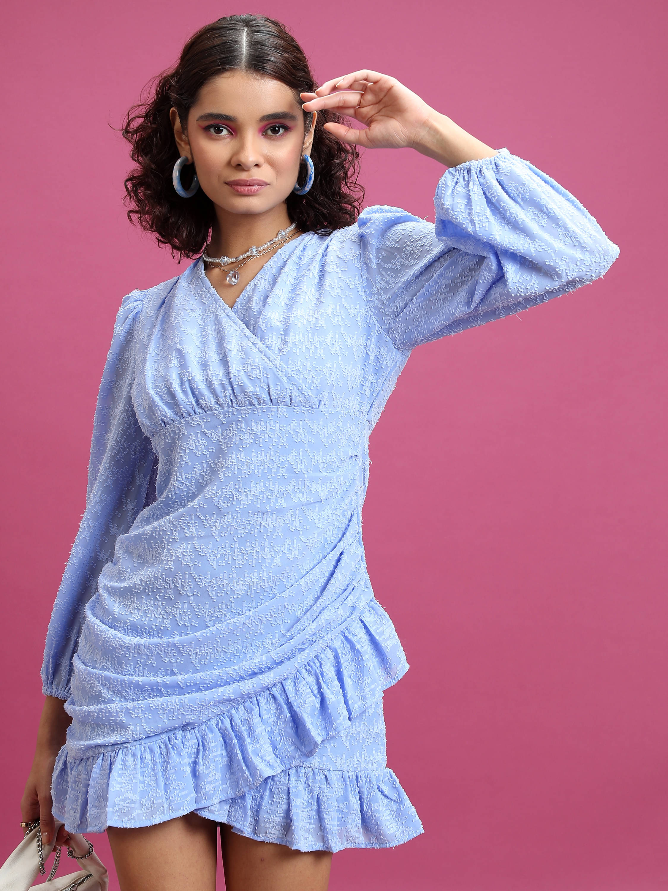 Tokyo Talkies Women Polyester Self Design Wrap Dress ( Blue )     			Tokyo Talkies Women Polyester Self Design Wrap Dress ( Blue )