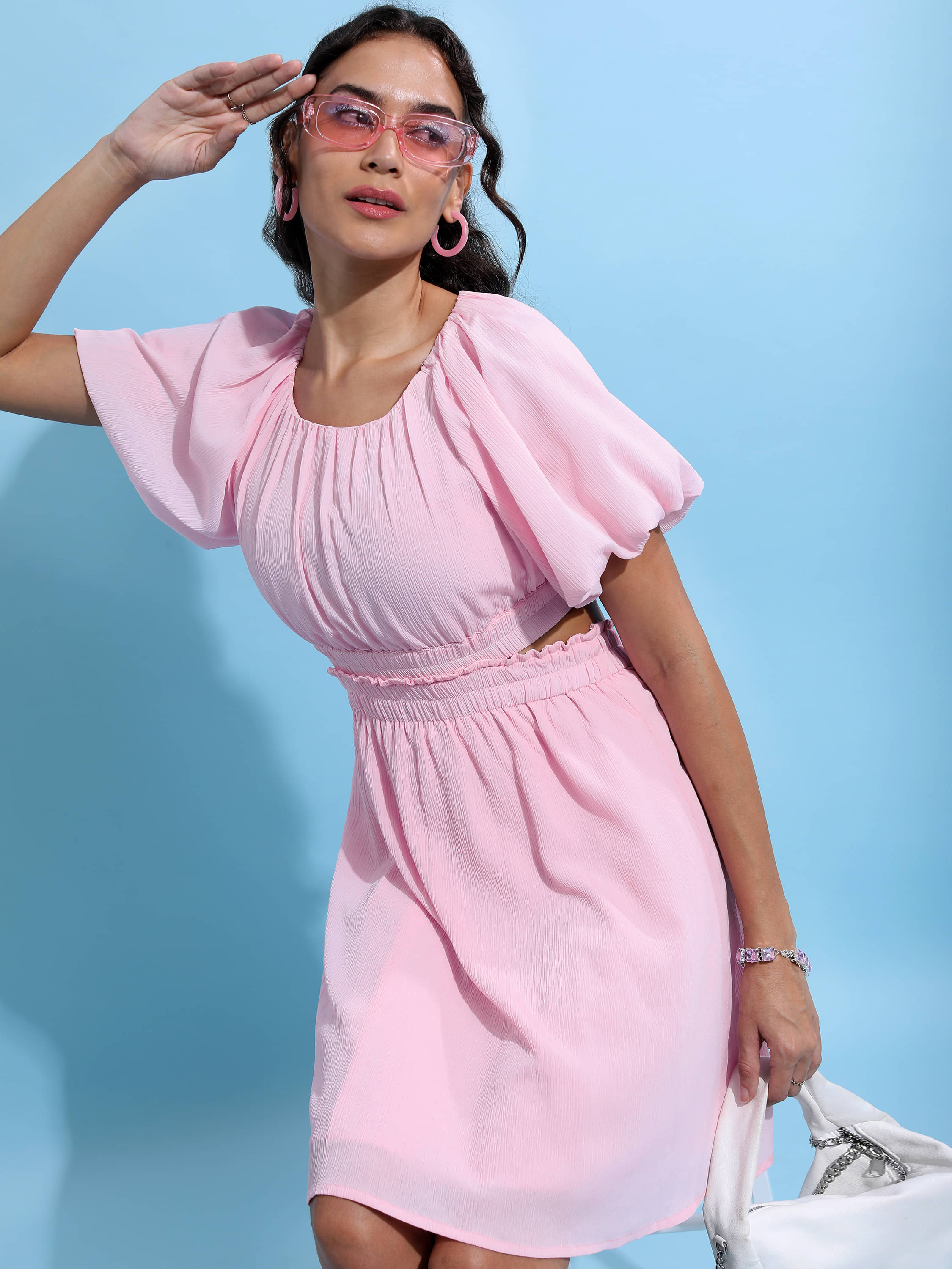 Tokyo Talkies Women Polyester Solid Fit & Flare Dress ( Pink )     			Tokyo Talkies Women Polyester Solid Fit & Flare Dress ( Pink )