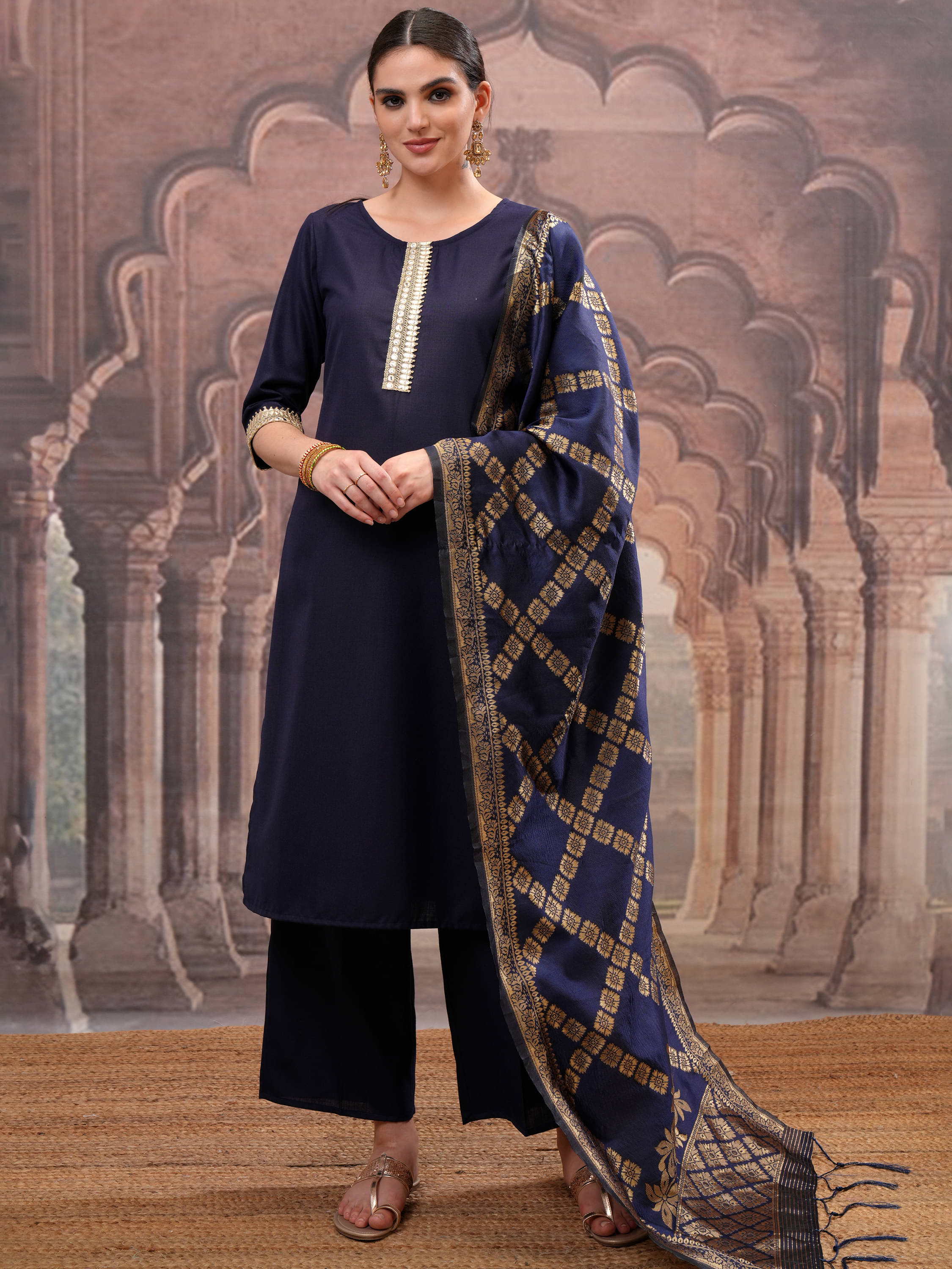    			Vishudh Women Polyester Self Design Straight Kurti With Palazzo ( Navy )