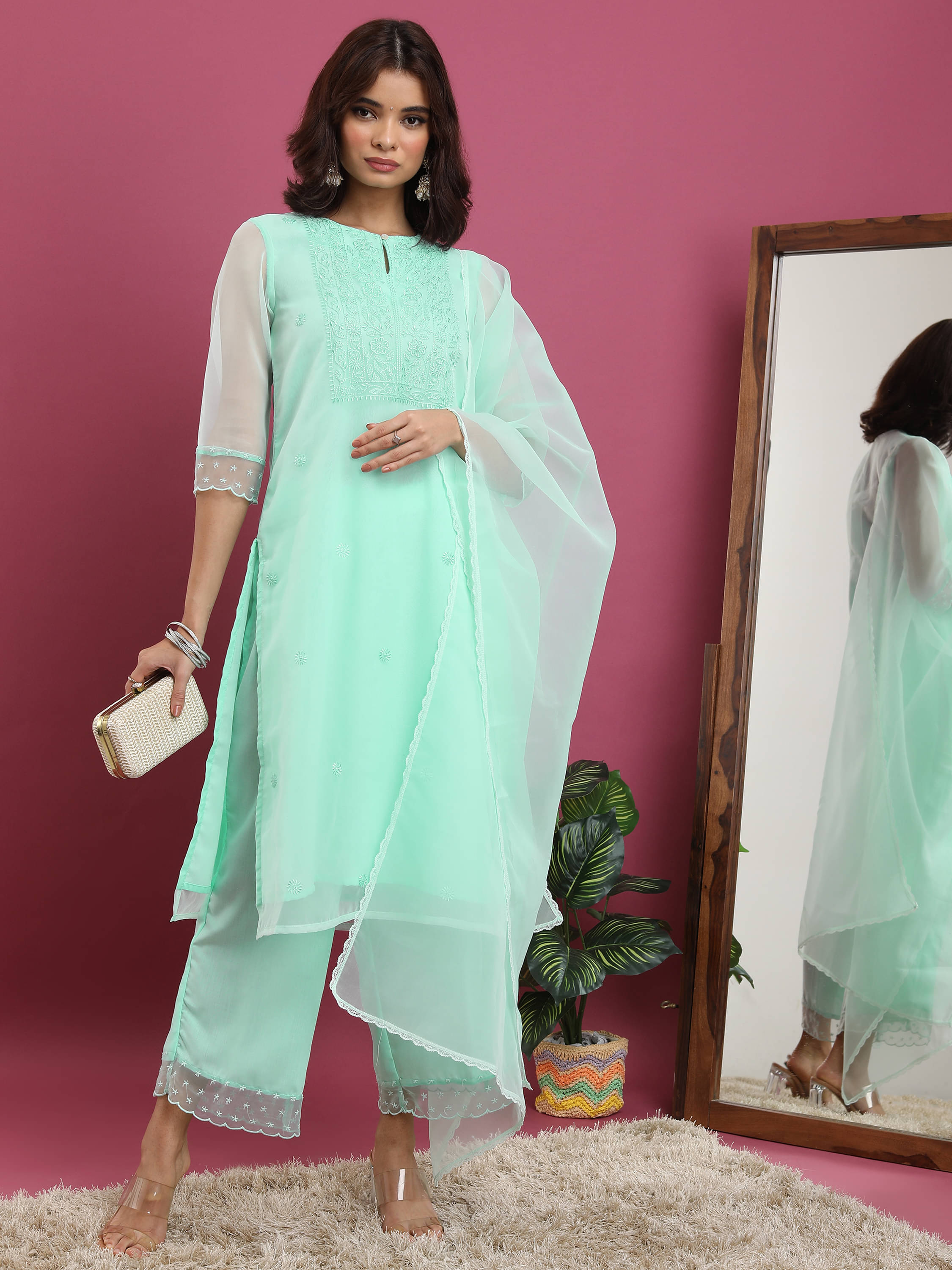     			Vishudh Women Polyester Self Design Straight Kurti With Palazzo ( Blue )