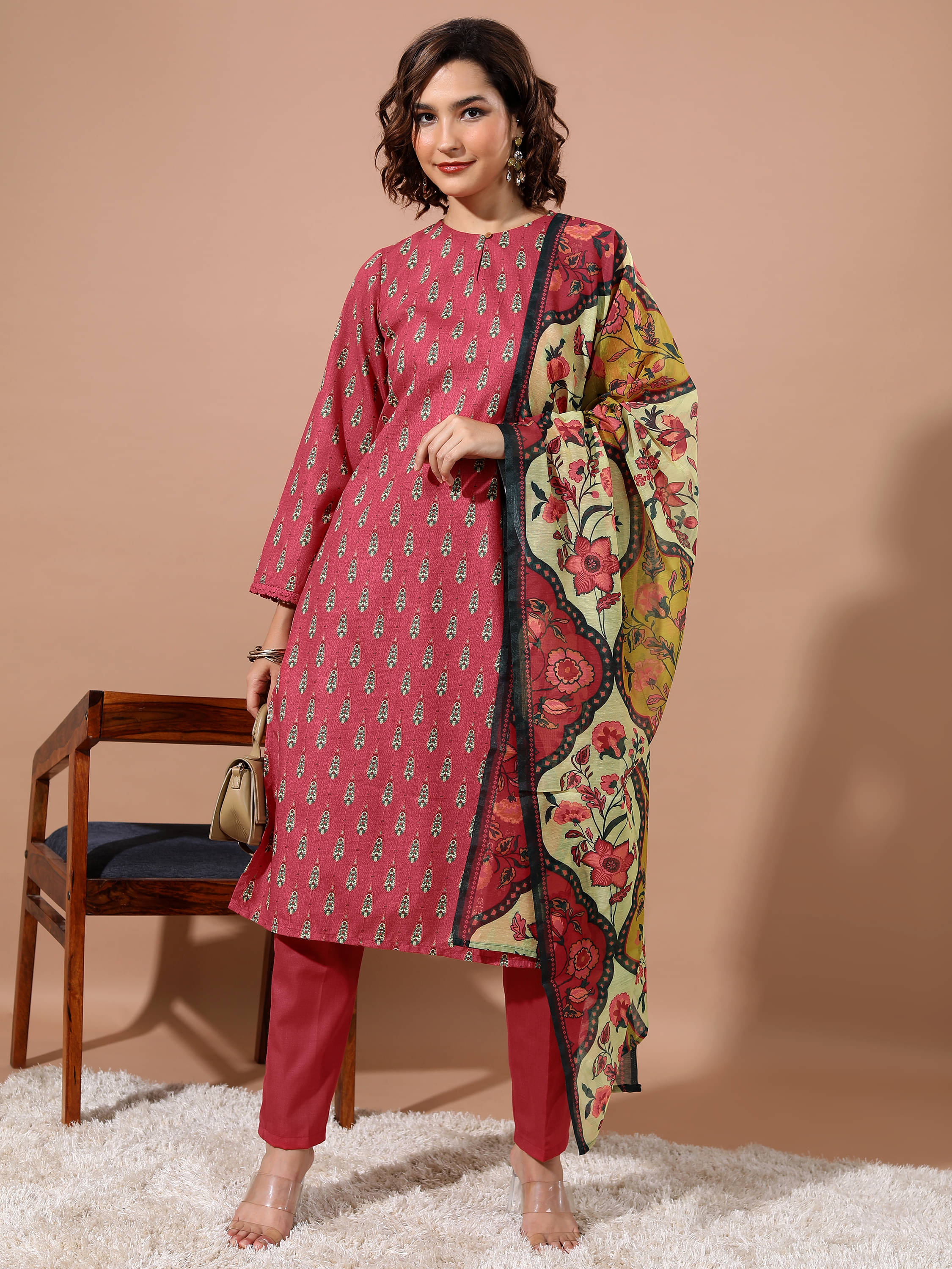     			Vishudh Women Polyester Self Design Straight Kurti With Pants ( Red )