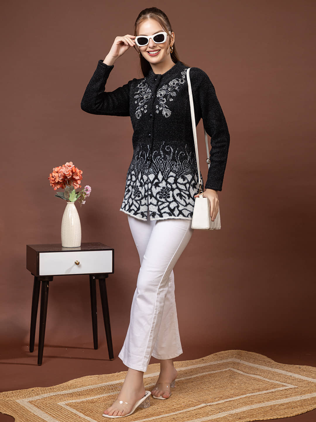 tysort Women Woollen Round Neck Cardigan ( Black )