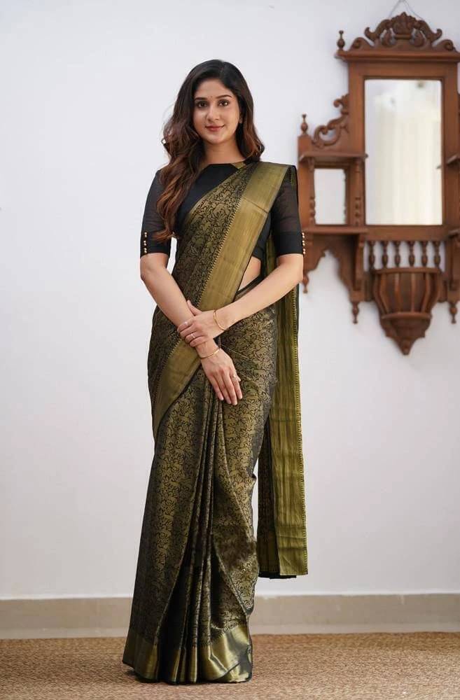 Bansari Textile Art Silk Printed Kanjeevaram Sarees With Unstitched Blouse Piece ( Black ) Bansari Textile Art Silk Printed Kanjeevaram Sarees With Unstitched Blouse Piece ( Black )