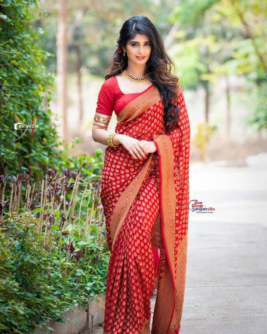     			Bansari Textile Art Silk Self Design Banarasi saree With Unstitched Blouse Piece ( Red )