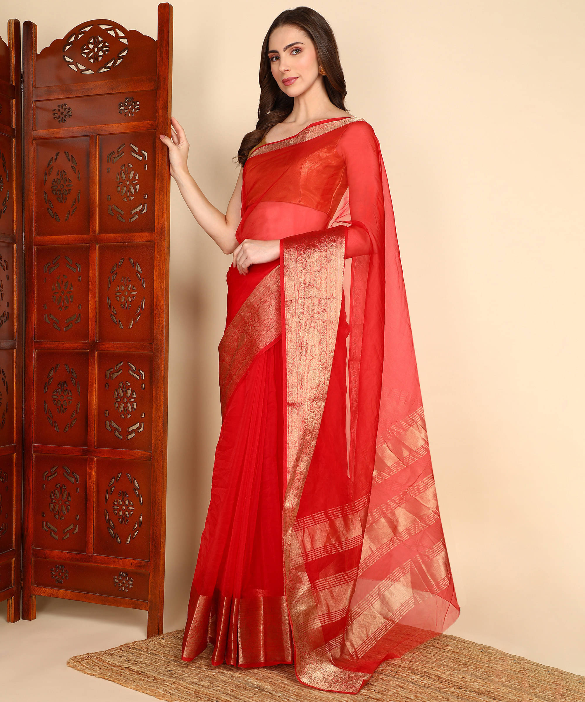 Bansari Textile Cotton Silk Embellished Kanjeevaram Sarees With Unstitched Blouse Piece ( Red )     			Bansari Textile Cotton Silk Embellished Kanjeevaram Sarees With Unstitched Blouse Piece ( Red )