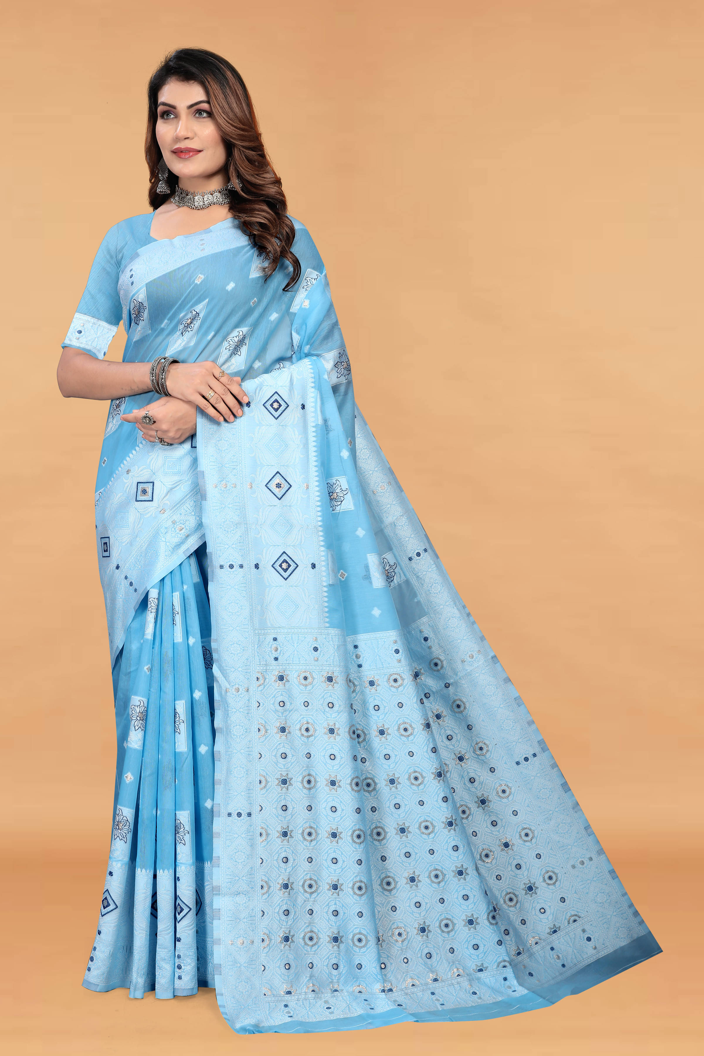     			Bansari Textile Cotton Woven Regular Saree With Unstitched Blouse Piece ( Light Blue )