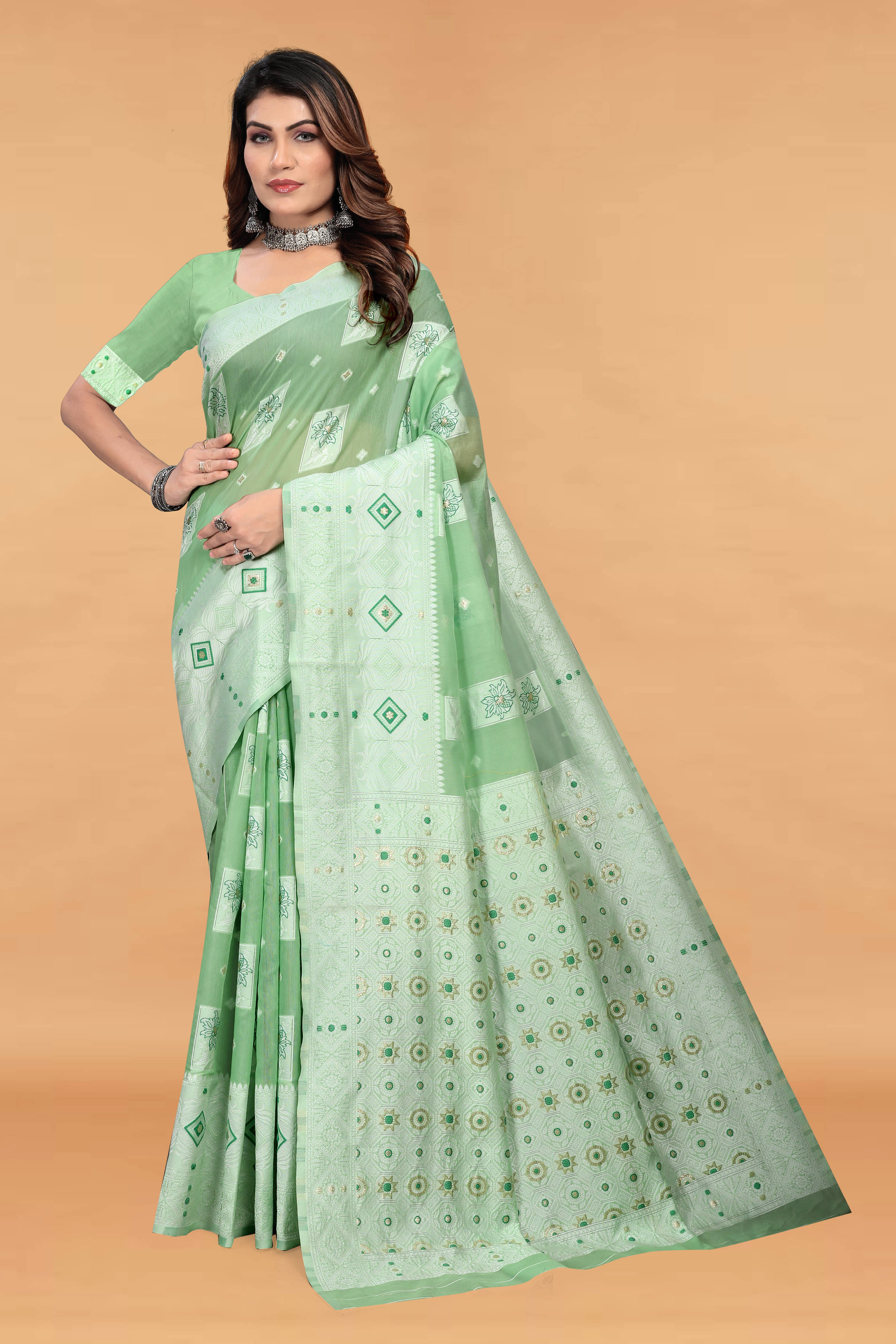 Bansari Textile Cotton Woven Regular Saree With Unstitched Blouse Piece ( Light Green ) Bansari Textile Cotton Woven Regular Saree With Unstitched Blouse Piece ( Light Green )