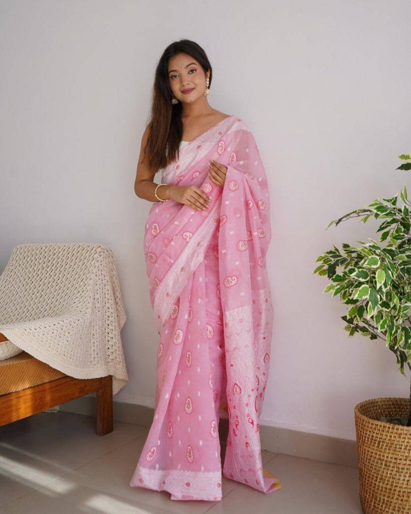 Bansari Textile Cotton Woven Regular Saree With Unstitched Blouse Piece ( Pink ) Bansari Textile Cotton Woven Regular Saree With Unstitched Blouse Piece ( Pink )