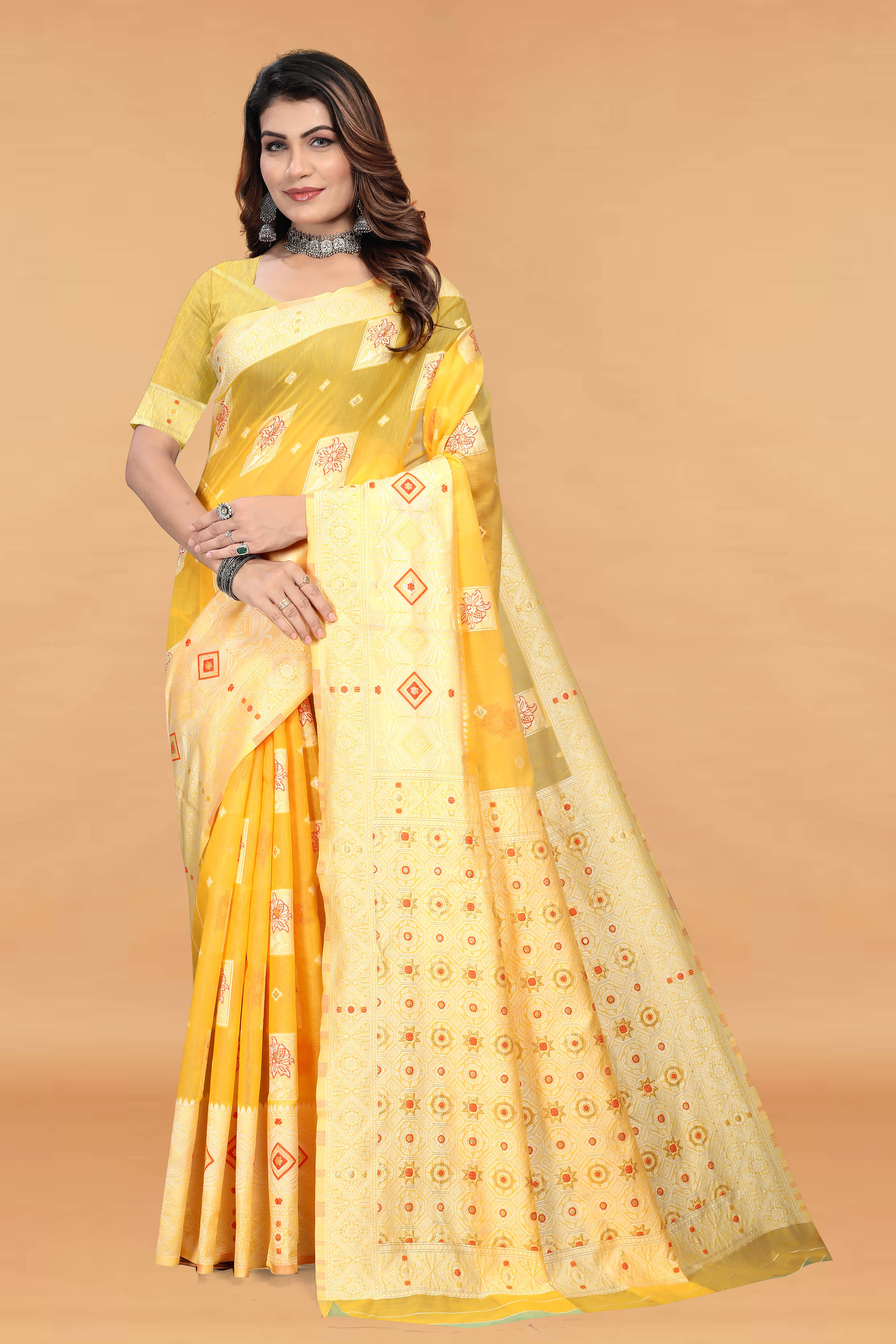 Bansari Textile Cotton Woven Regular Saree With Unstitched Blouse Piece ( Yellow ) Bansari Textile Cotton Woven Regular Saree With Unstitched Blouse Piece ( Yellow )