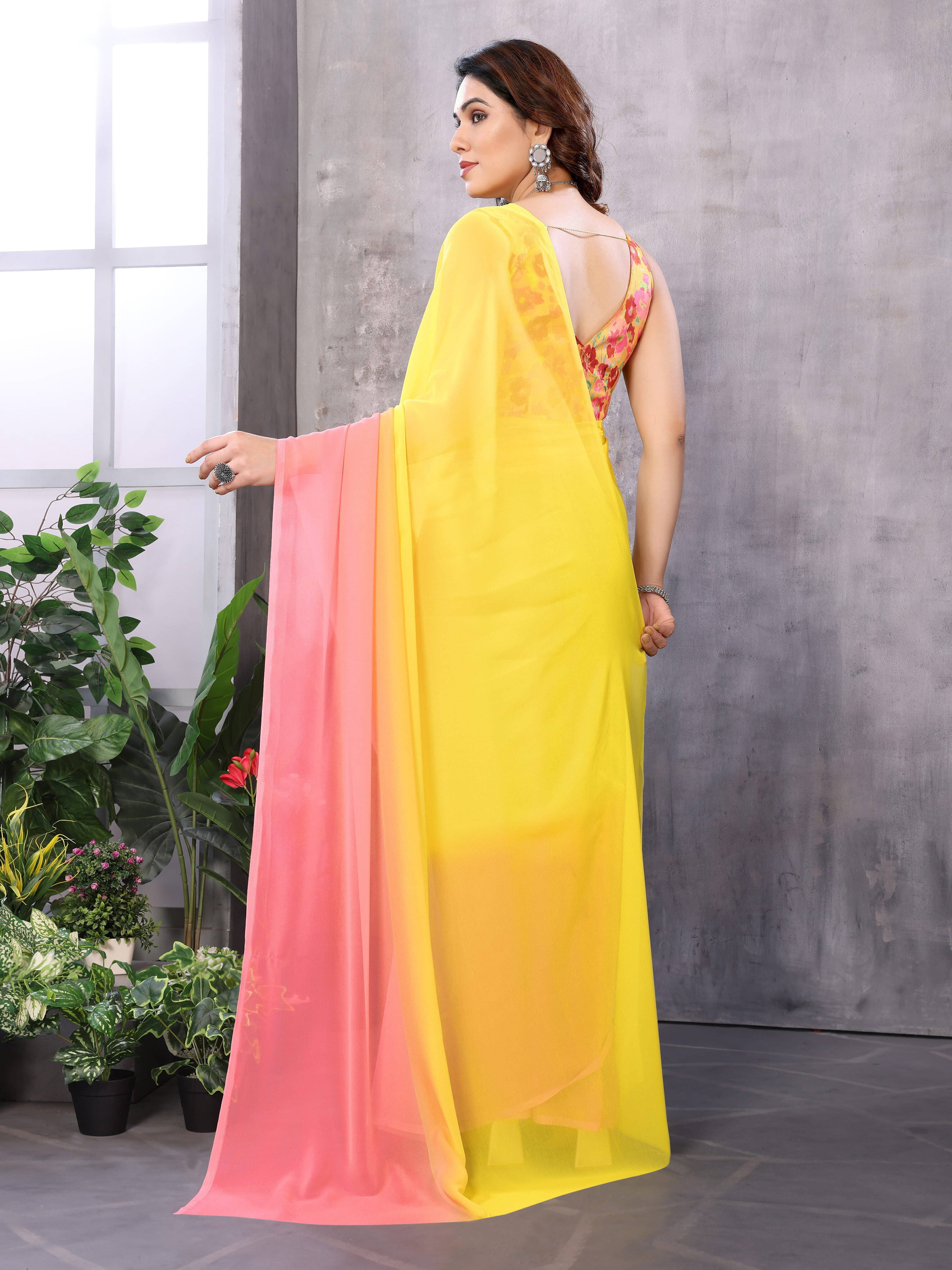     			Bansari Textile Georgette Printed Regular Saree With Unstitched Blouse Piece ( Yellow )