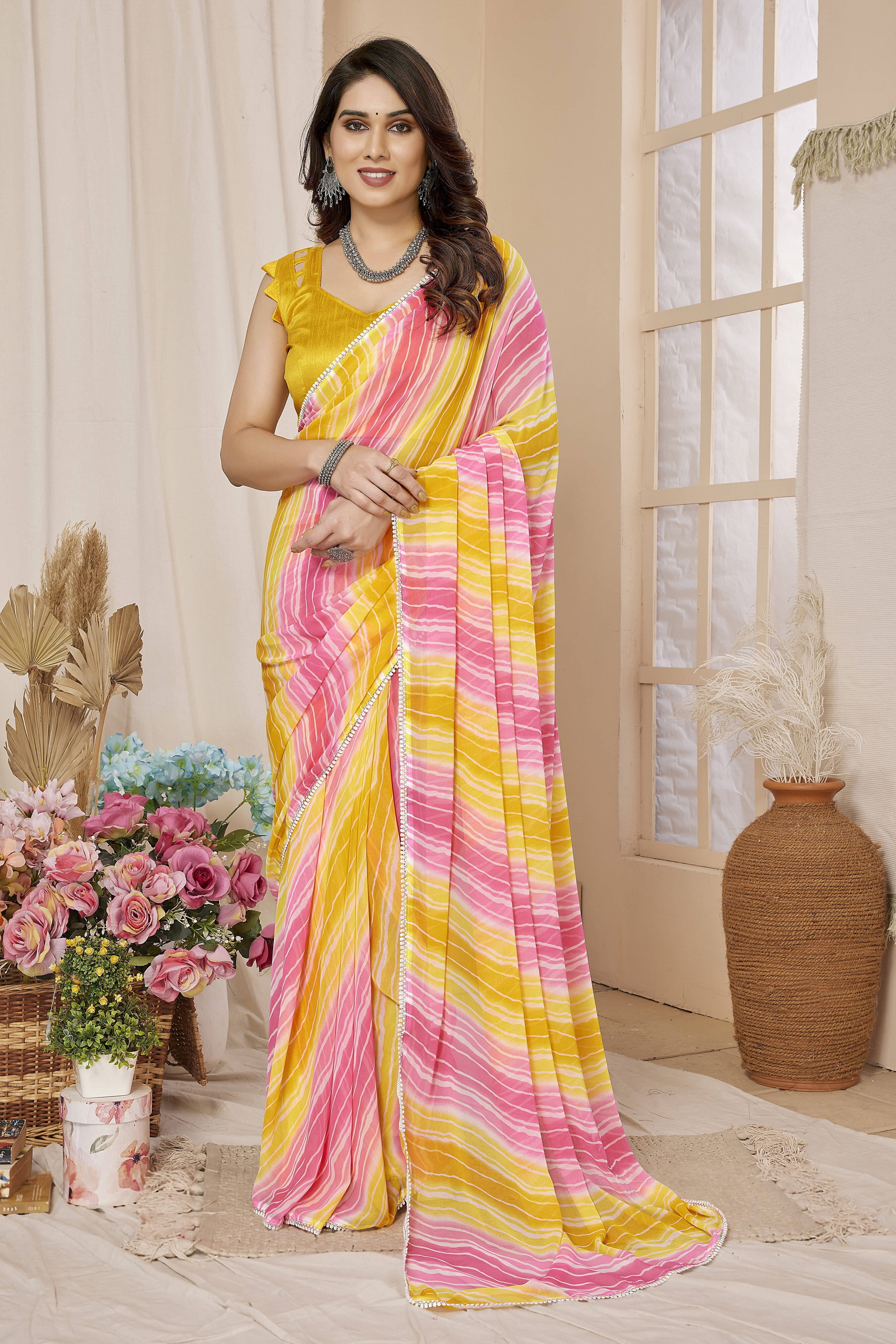 Bansari Textile Georgette Printed Regular Saree With Unstitched Blouse Piece ( Yellow )     			Bansari Textile Georgette Printed Regular Saree With Unstitched Blouse Piece ( Yellow )
