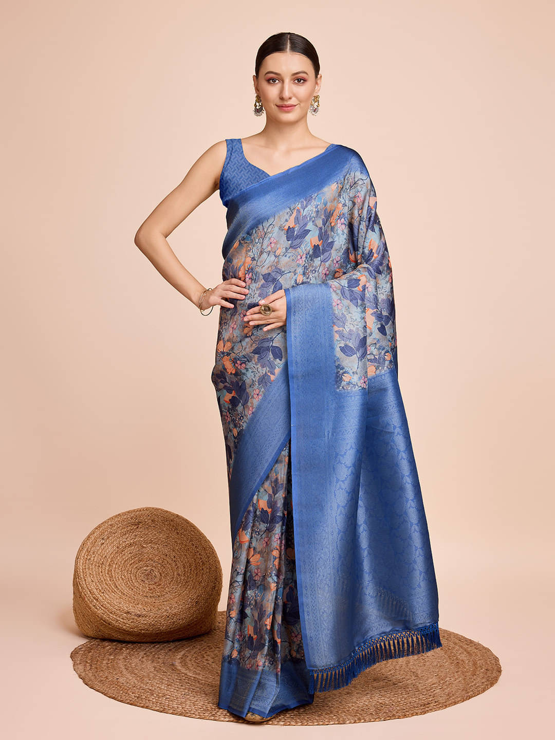     			Bansari Textile Jacquard Printed Banarasi saree With Unstitched Blouse Piece ( Light Blue )
