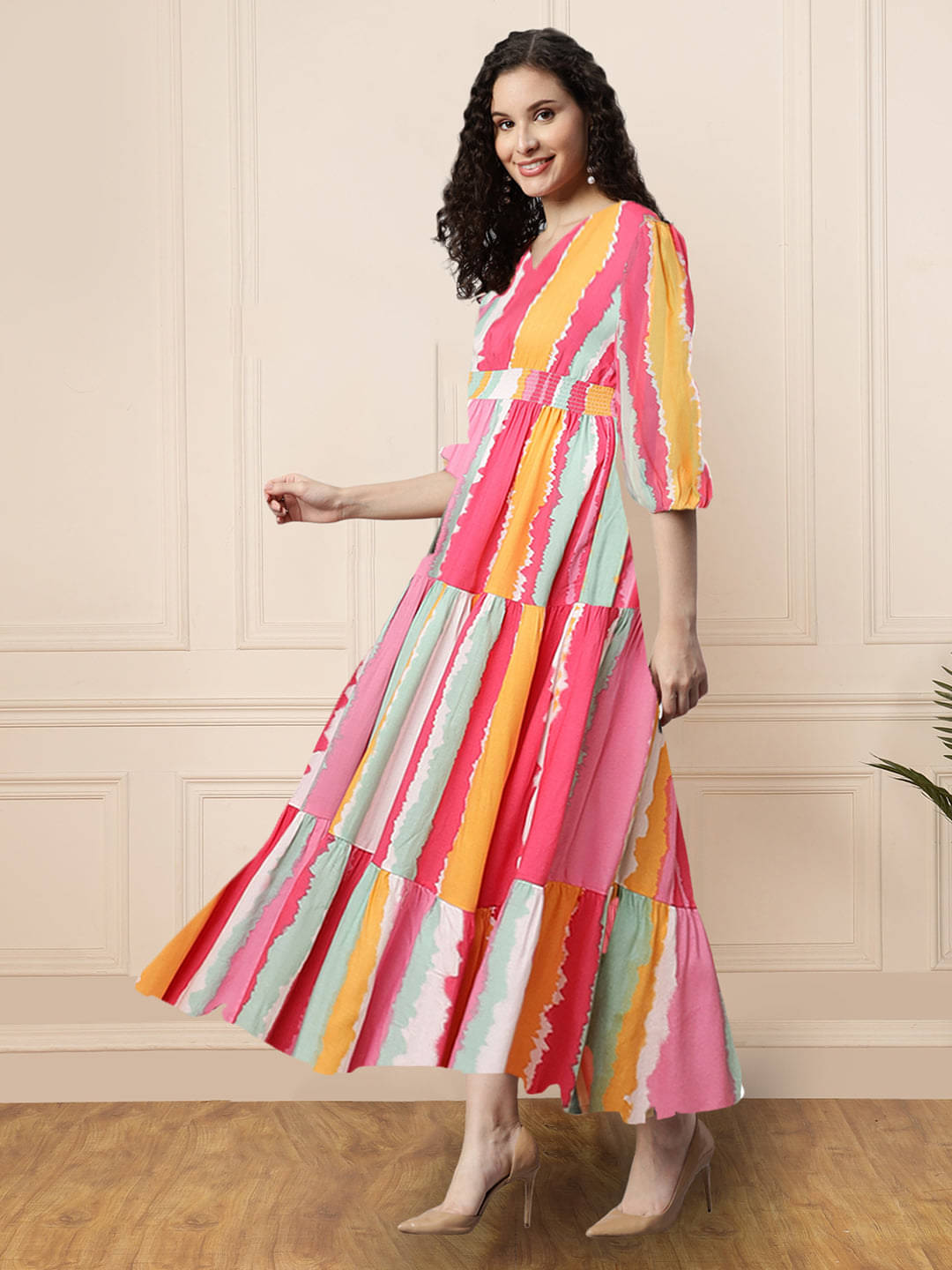     			Femvy Women Crepe Printed Fit & Flare Dress ( Pink )