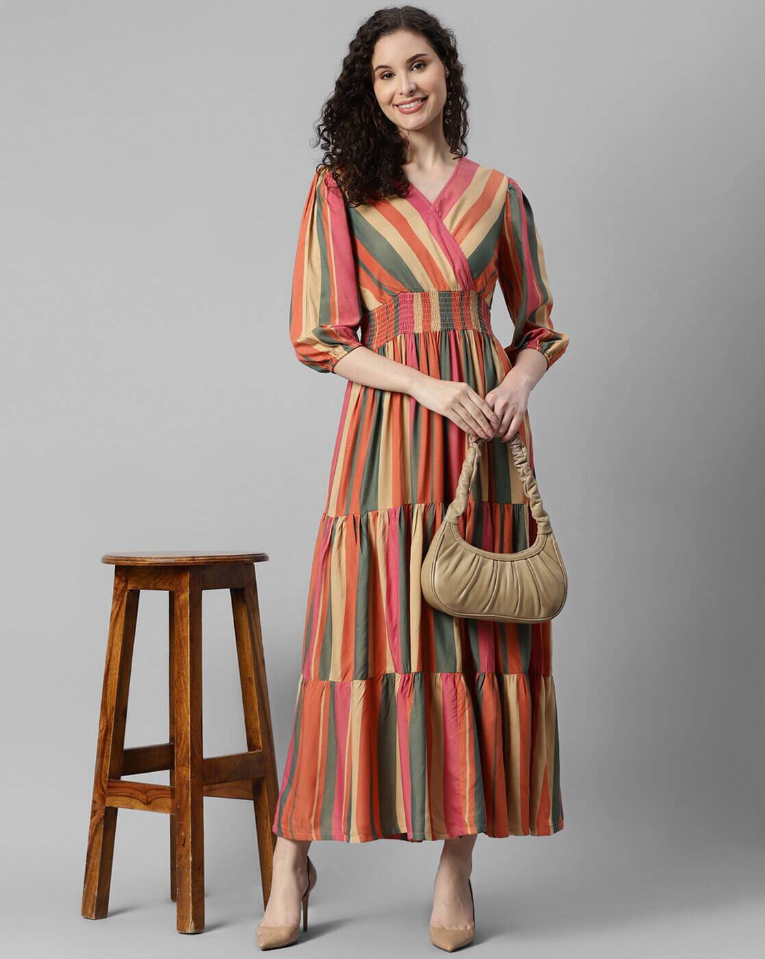     			Femvy Women Crepe Printed Fit & Flare Dress ( Multicolor )