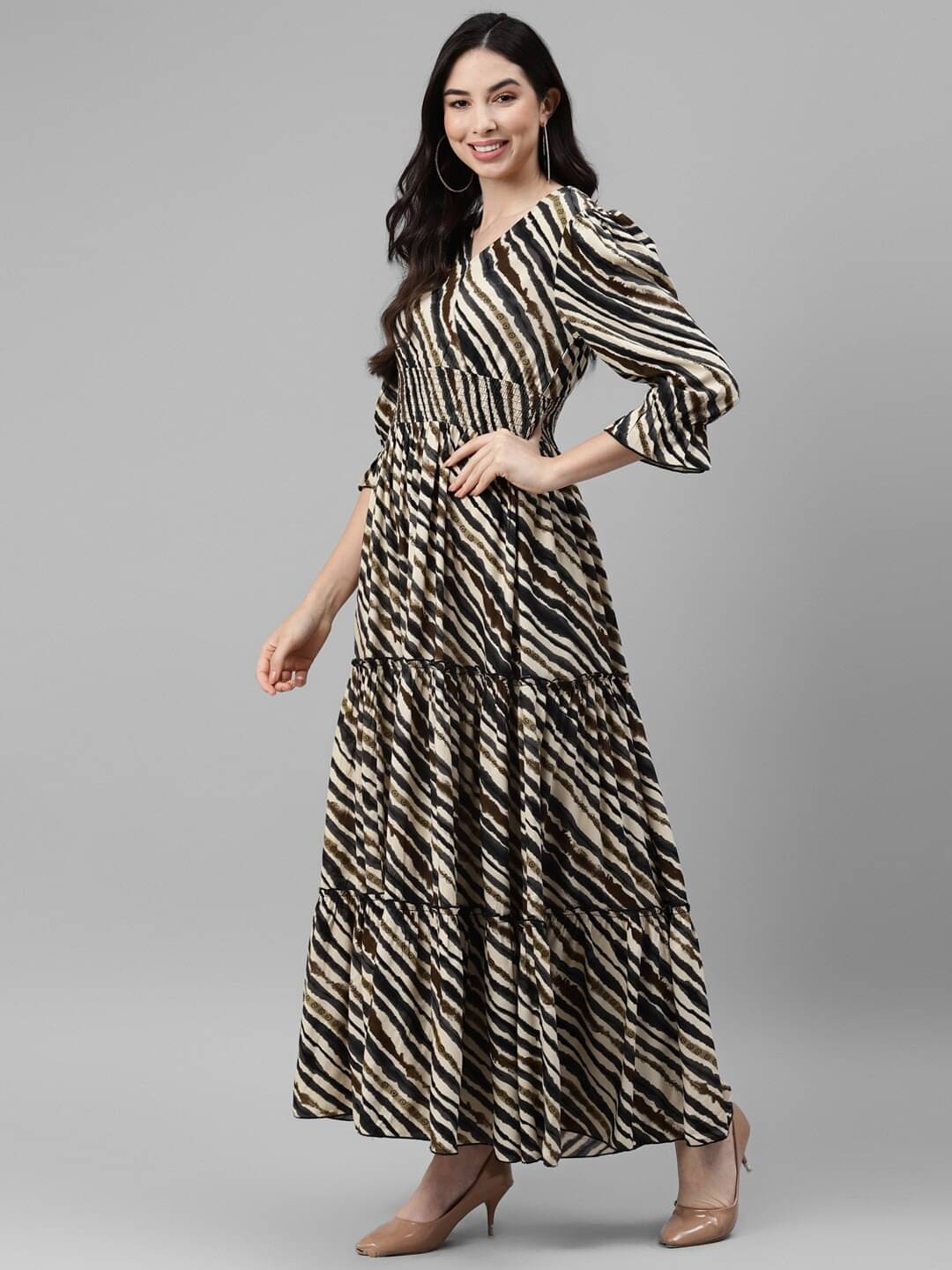 Femvy Women Crepe Printed Fit & Flare Dress ( Beige ) Femvy Women Crepe Printed Fit & Flare Dress ( Beige )