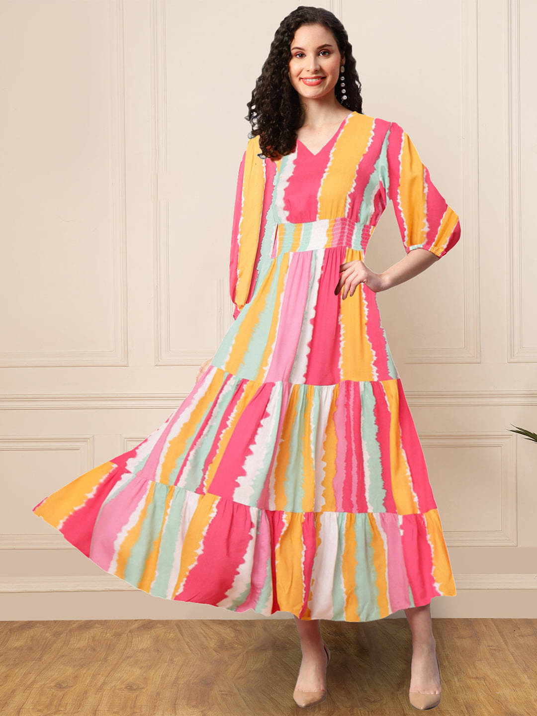     			Femvy Women Crepe Printed Fit & Flare Dress ( Pink )