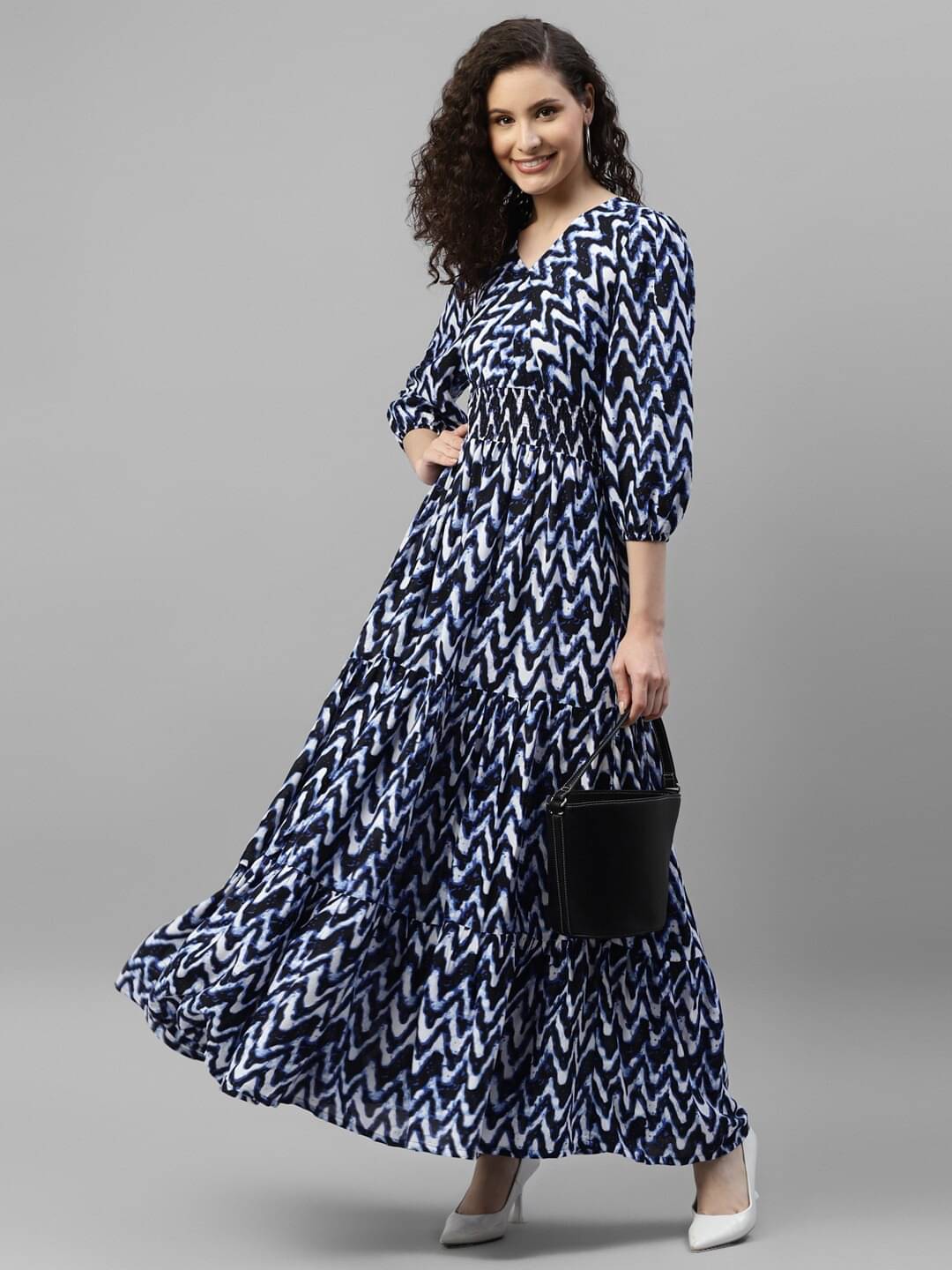 Femvy Women Crepe Printed Fit & Flare Dress ( Blue ) Femvy Women Crepe Printed Fit & Flare Dress ( Blue )