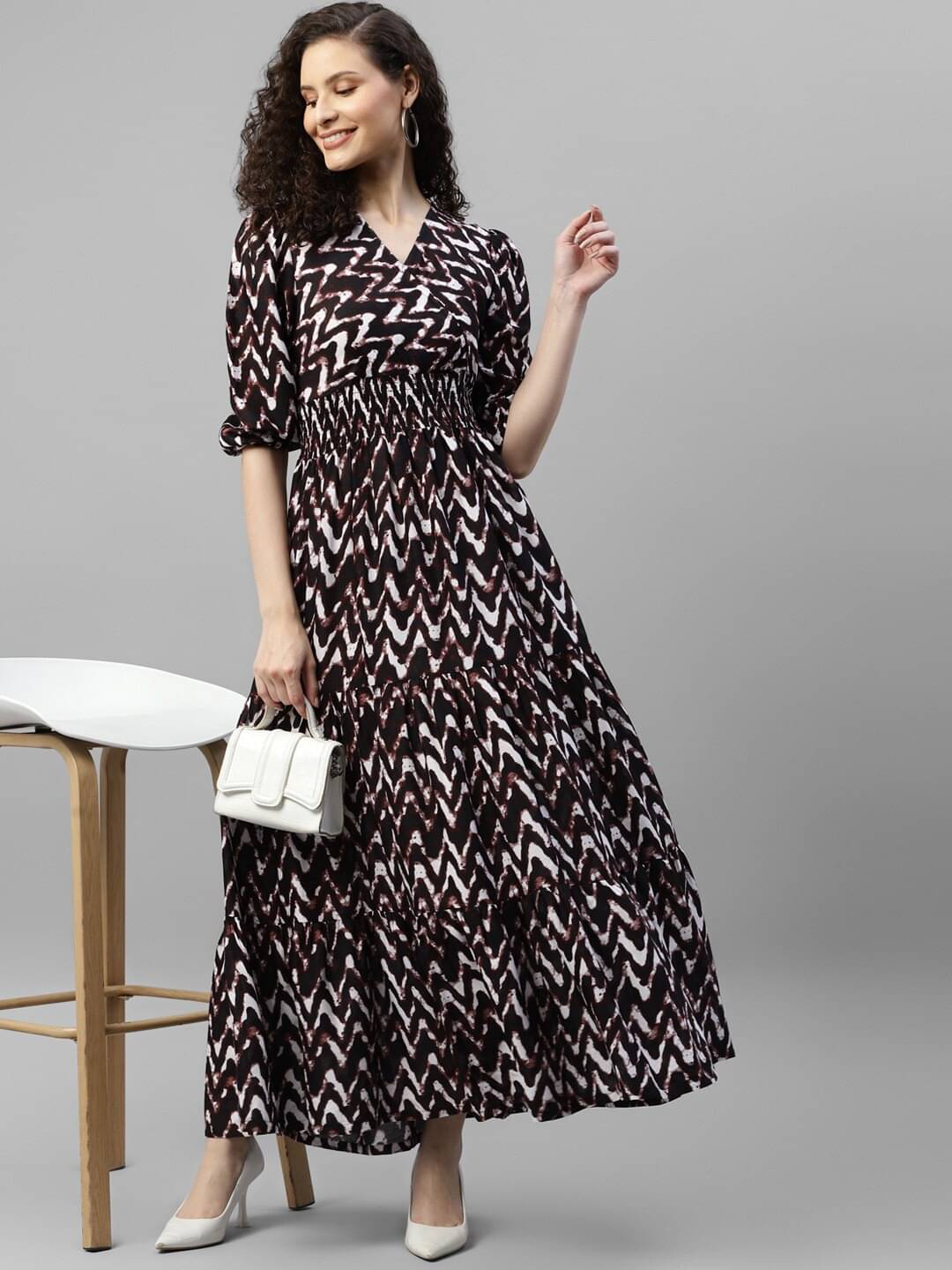     			Femvy Women Crepe Printed Fit & Flare Dress ( Brown )