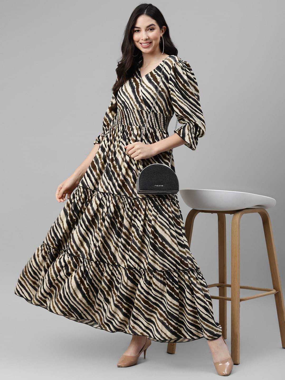 Femvy Women Crepe Printed Fit & Flare Dress ( Beige ) Femvy Women Crepe Printed Fit & Flare Dress ( Beige )