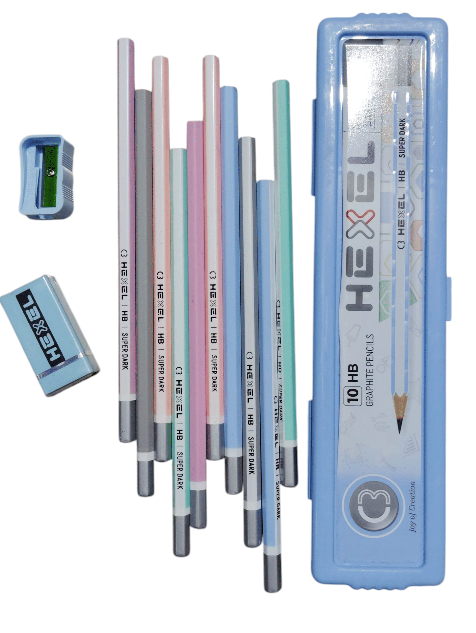     			Hexel HB Super Dark Graphite Pencil Set (Pastel Colors) with Sharpener & Eraser – 10‑Pack in Case