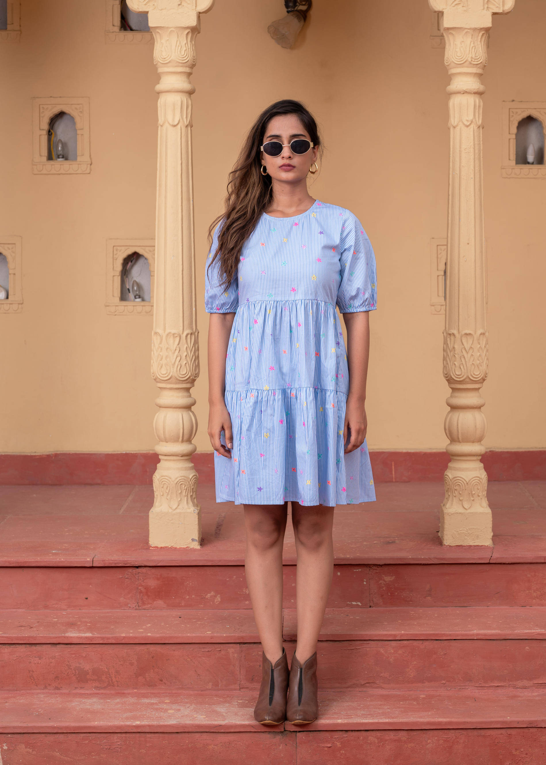     			Juniper Women Cotton Printed Fit & Flare Dress ( Blue )